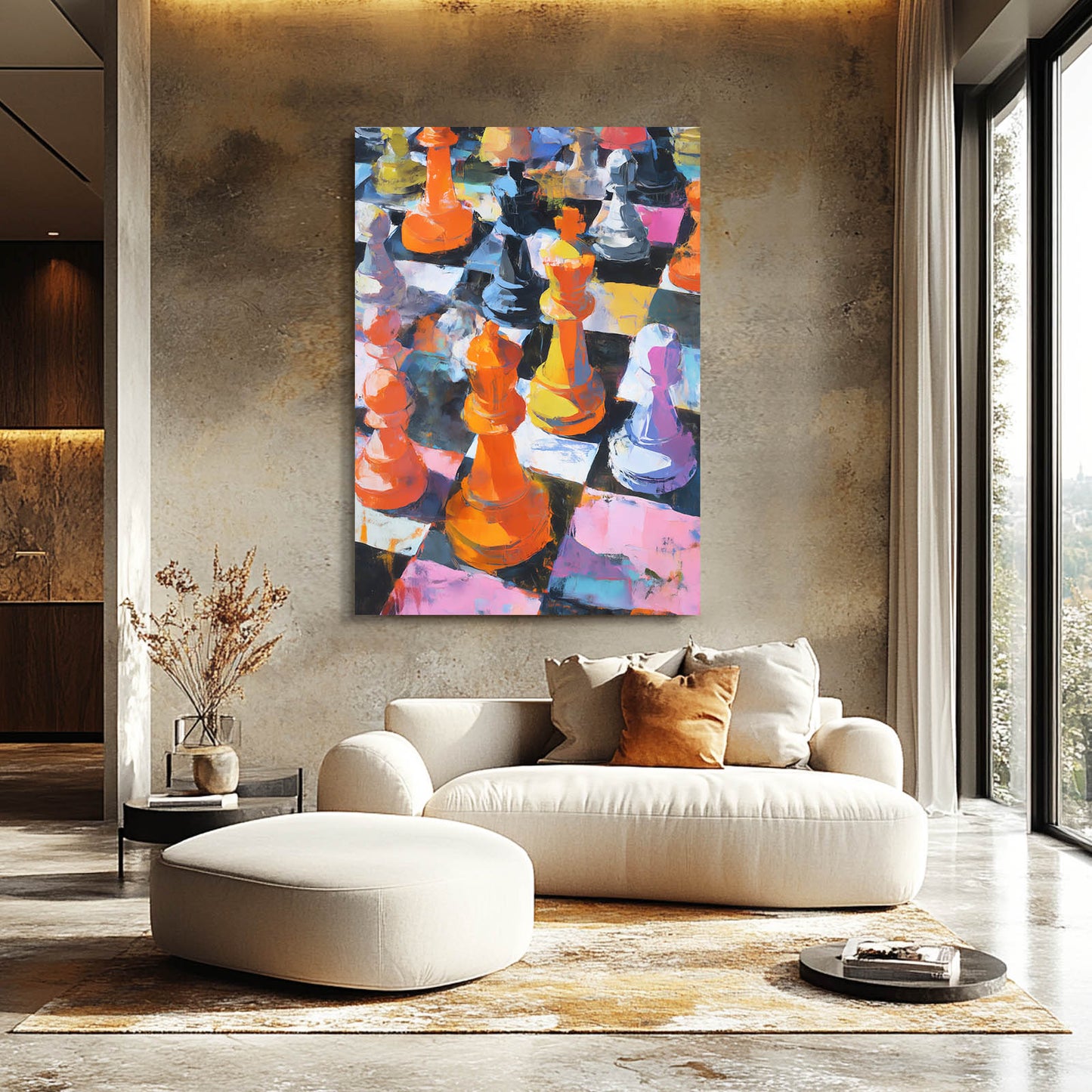 Impasto Color Board Chess Art – styled in a furnished interior