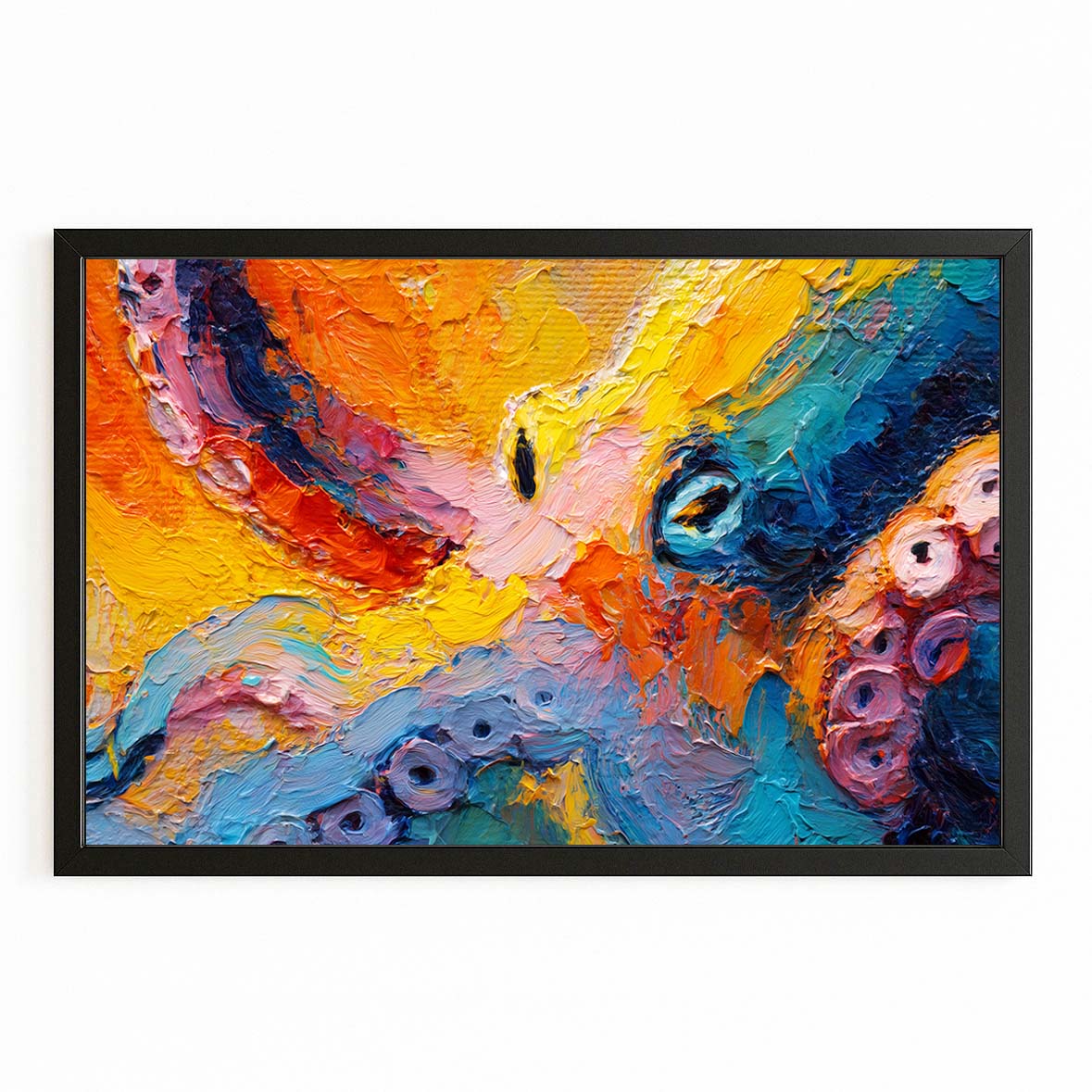 Impasto Color Field Octopus Wall Art – with Premium Black frame on white background