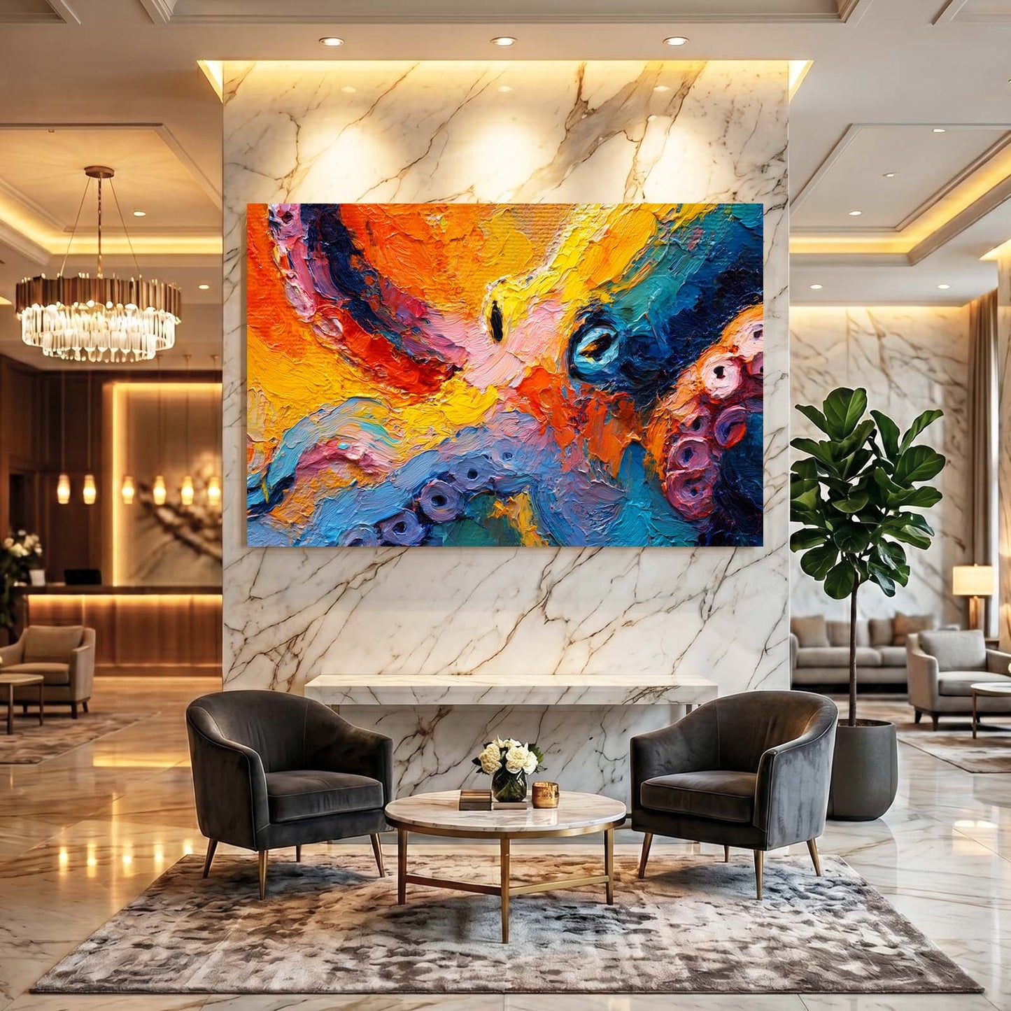 Impasto Color Field Octopus Wall Art – styled in a furnished interior