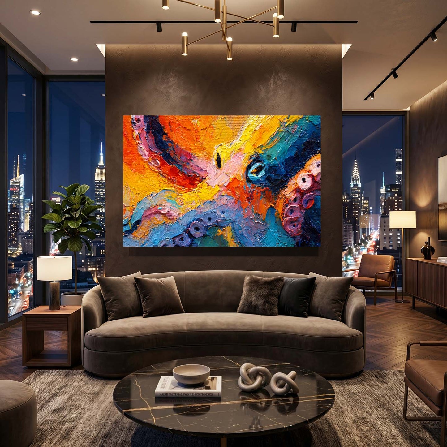 Impasto Color Field Octopus Wall Art – styled in a furnished interior