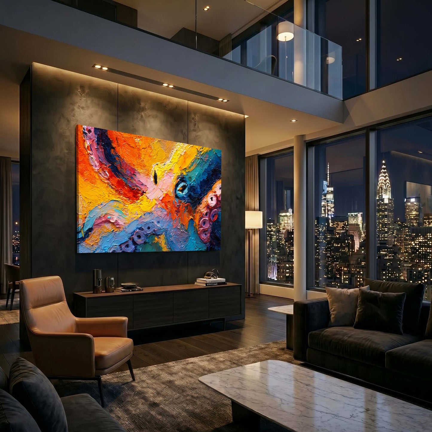 Impasto Color Field Octopus Wall Art – styled in a furnished interior