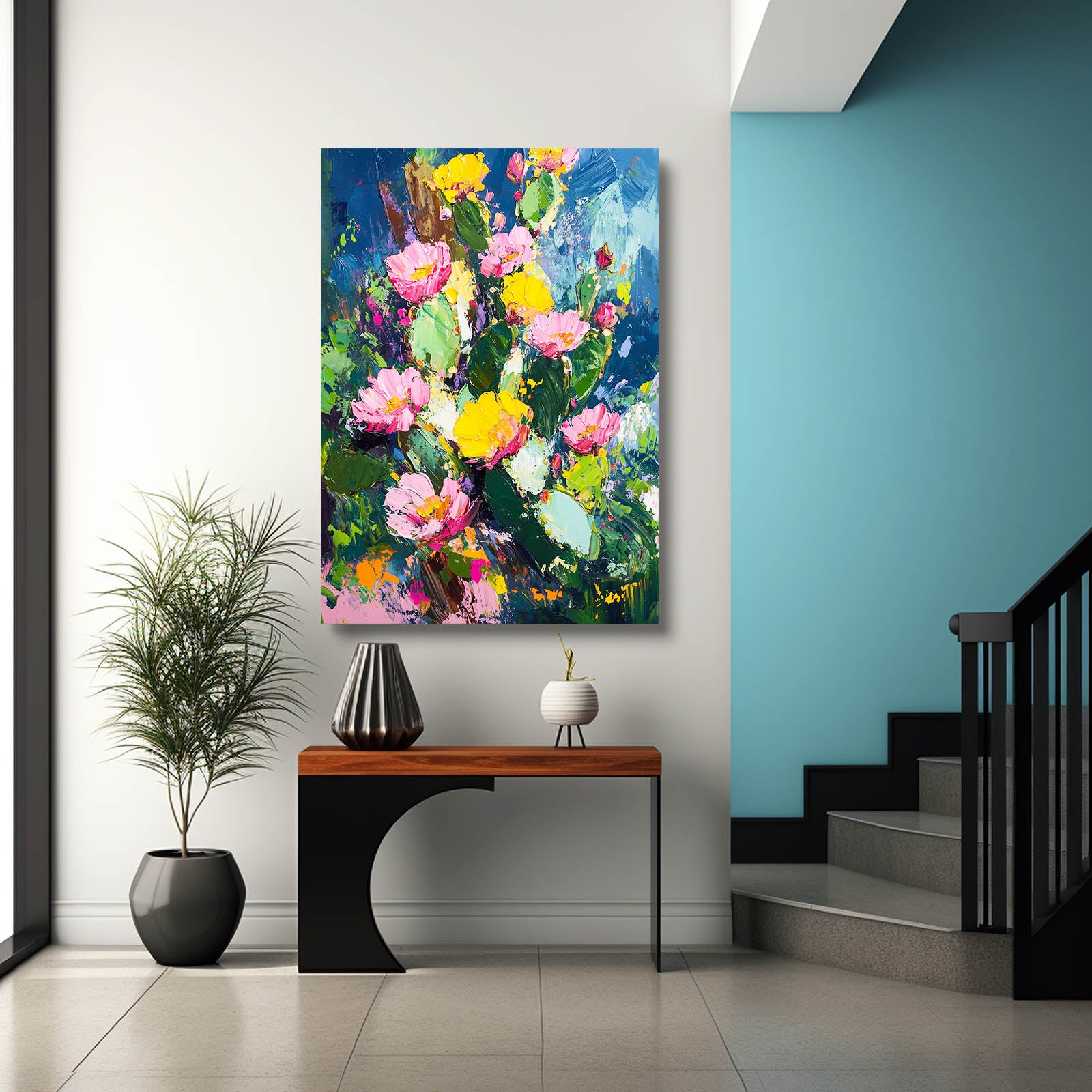 Impasto Flower Bed Cactus Canvas – styled in a furnished interior