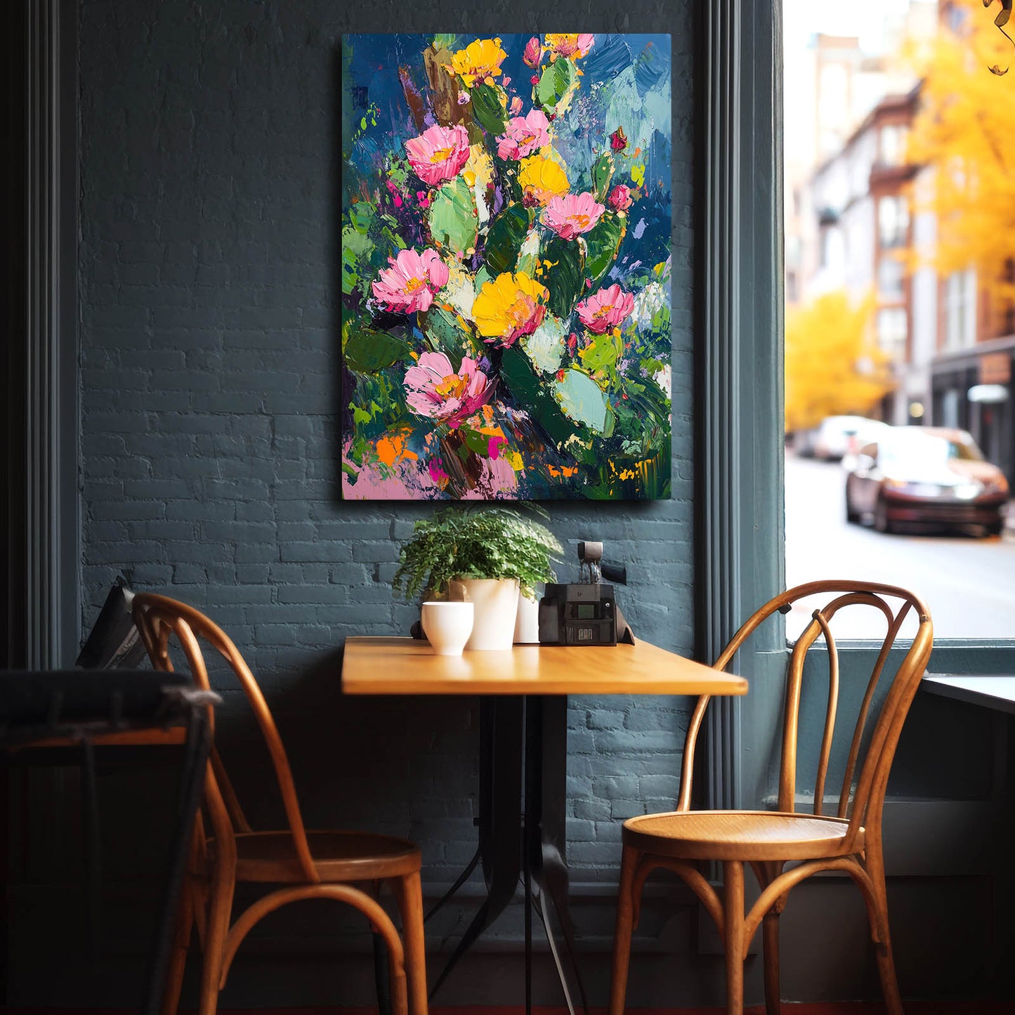 Impasto Flower Bed Cactus Canvas – styled in a furnished interior