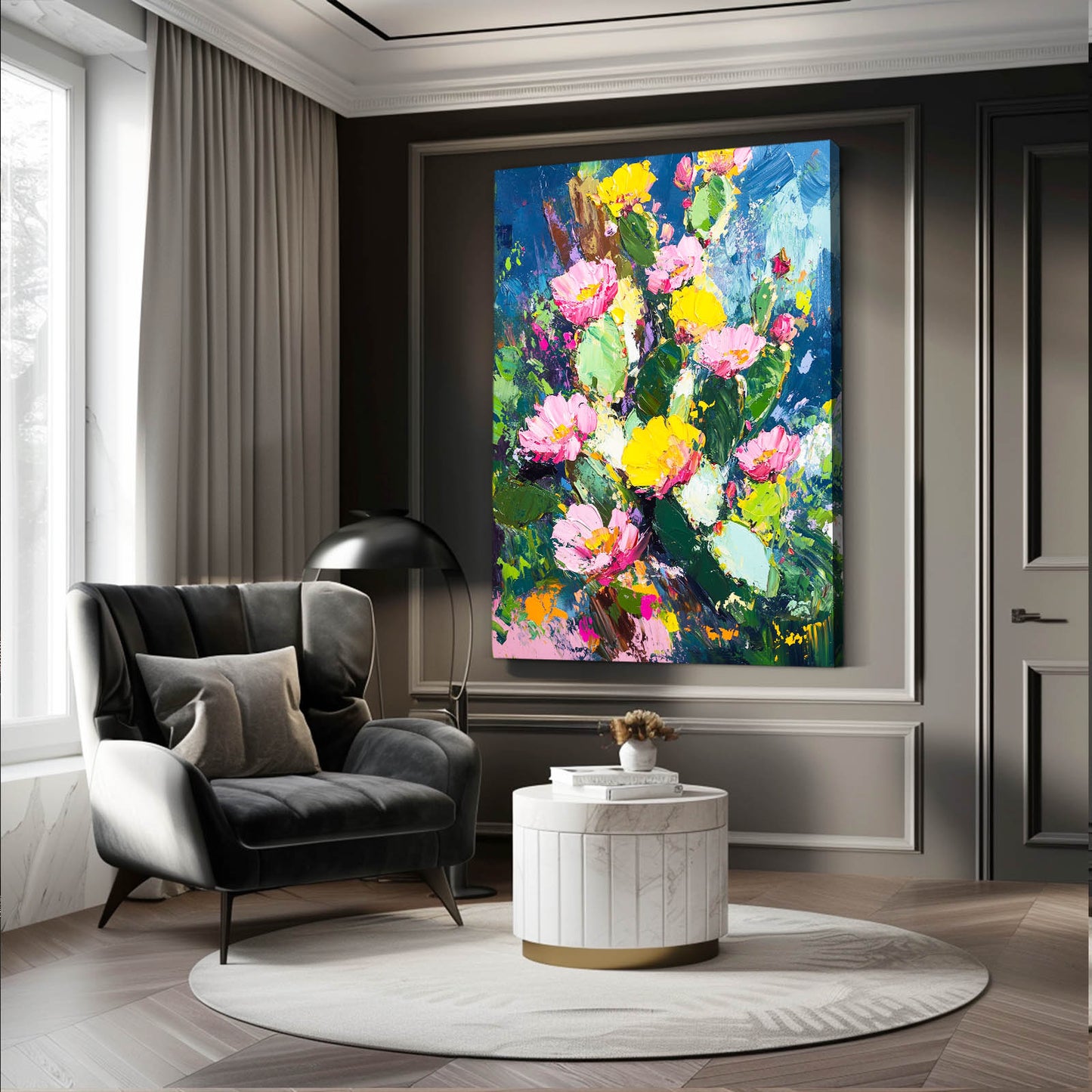 Impasto Flower Bed Cactus Canvas – styled in a furnished interior