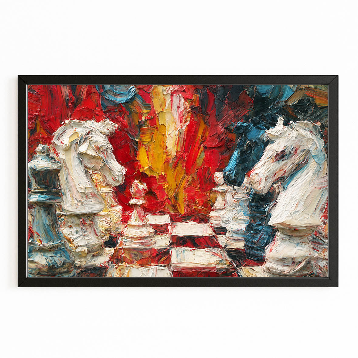 Impasto Knight Clash Chess Canvas – with Premium Black frame on white background