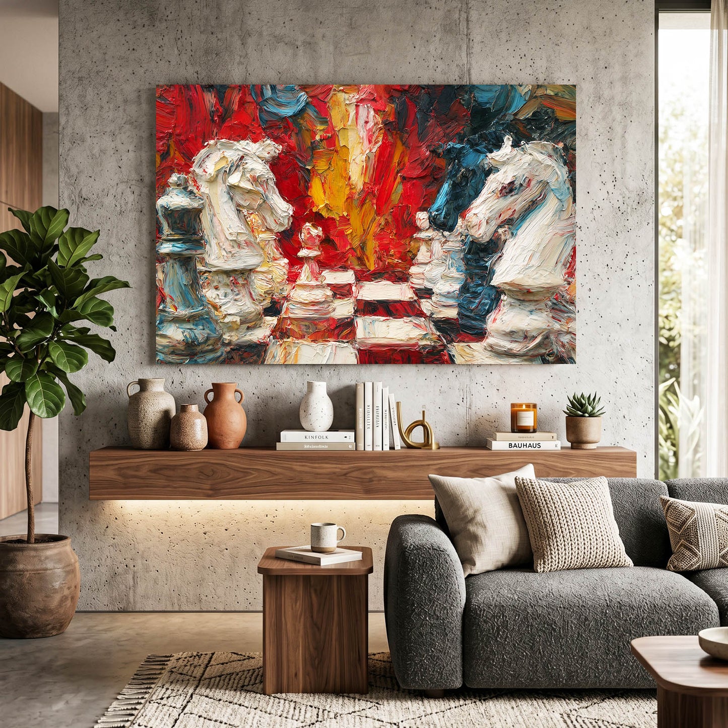 Impasto Knight Clash Chess Canvas – styled in a furnished interior