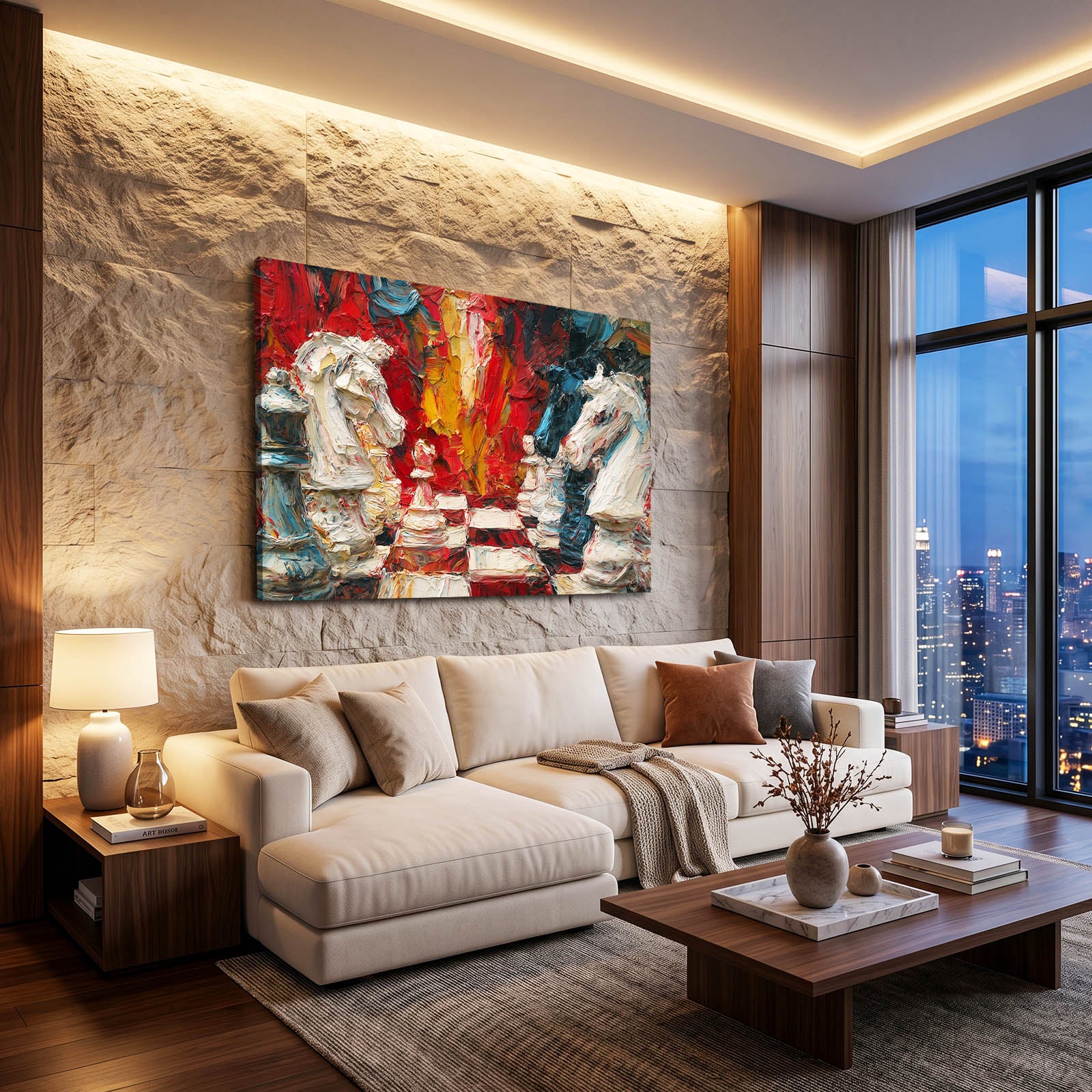 Impasto Knight Clash Chess Canvas – styled in a furnished interior