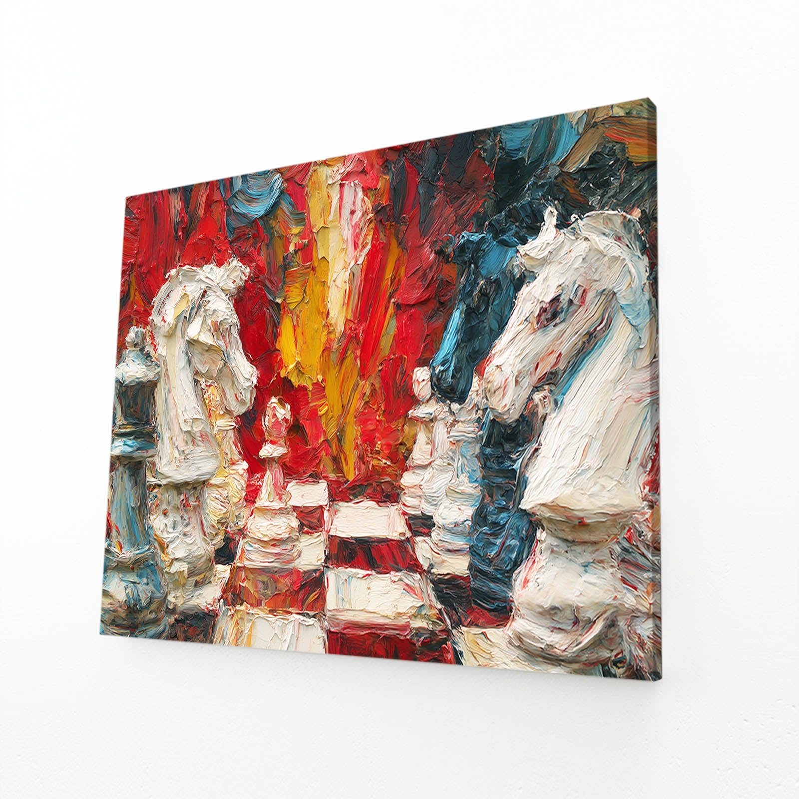 Impasto Knight Clash Chess Canvas – angled canvas view on white background