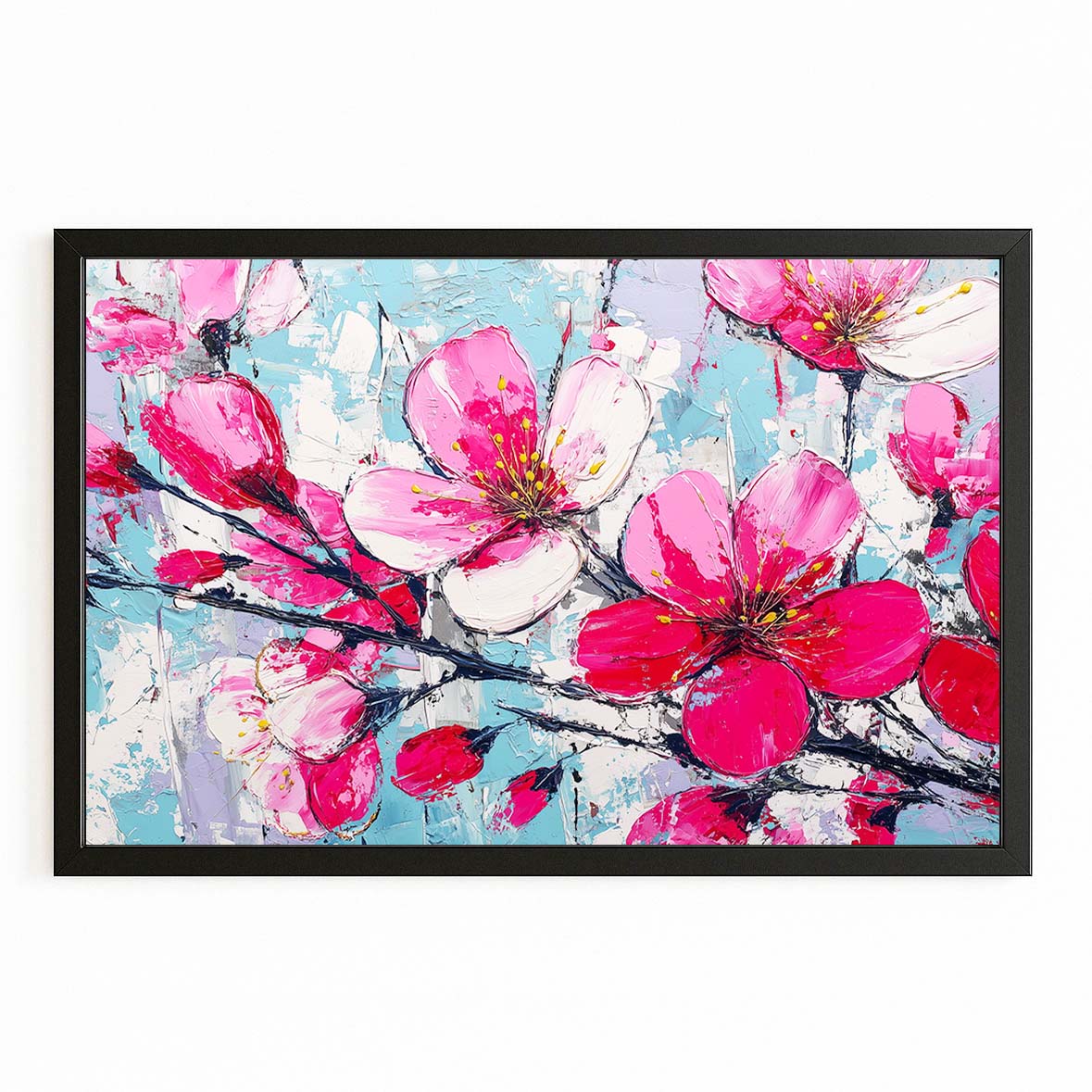 Impasto Pink Petals Cherry Blossom Art – with Premium Black frame on white background