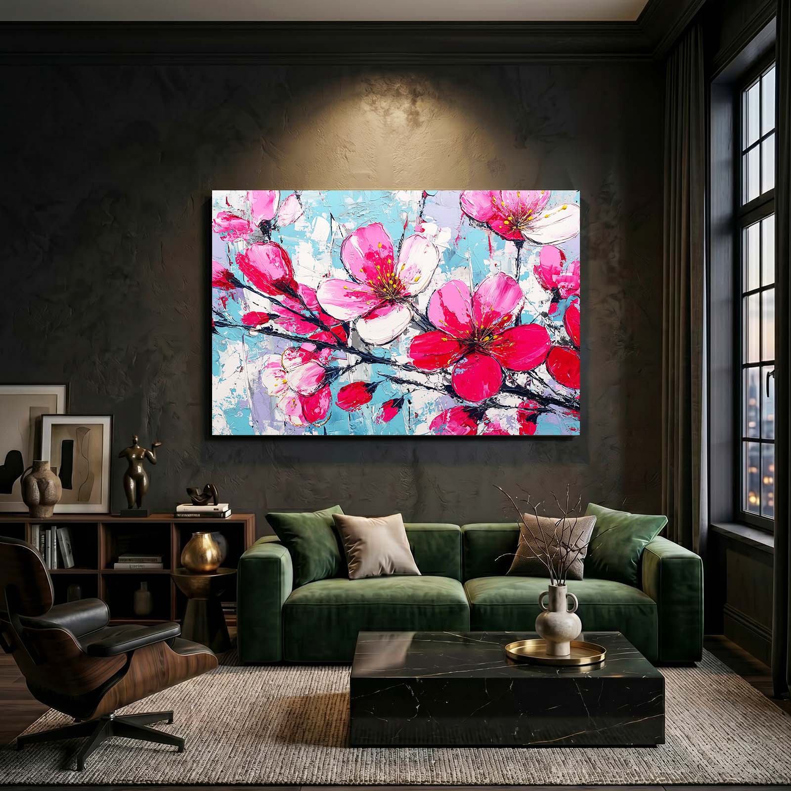 Impasto Pink Petals Cherry Blossom Art – styled in a furnished interior