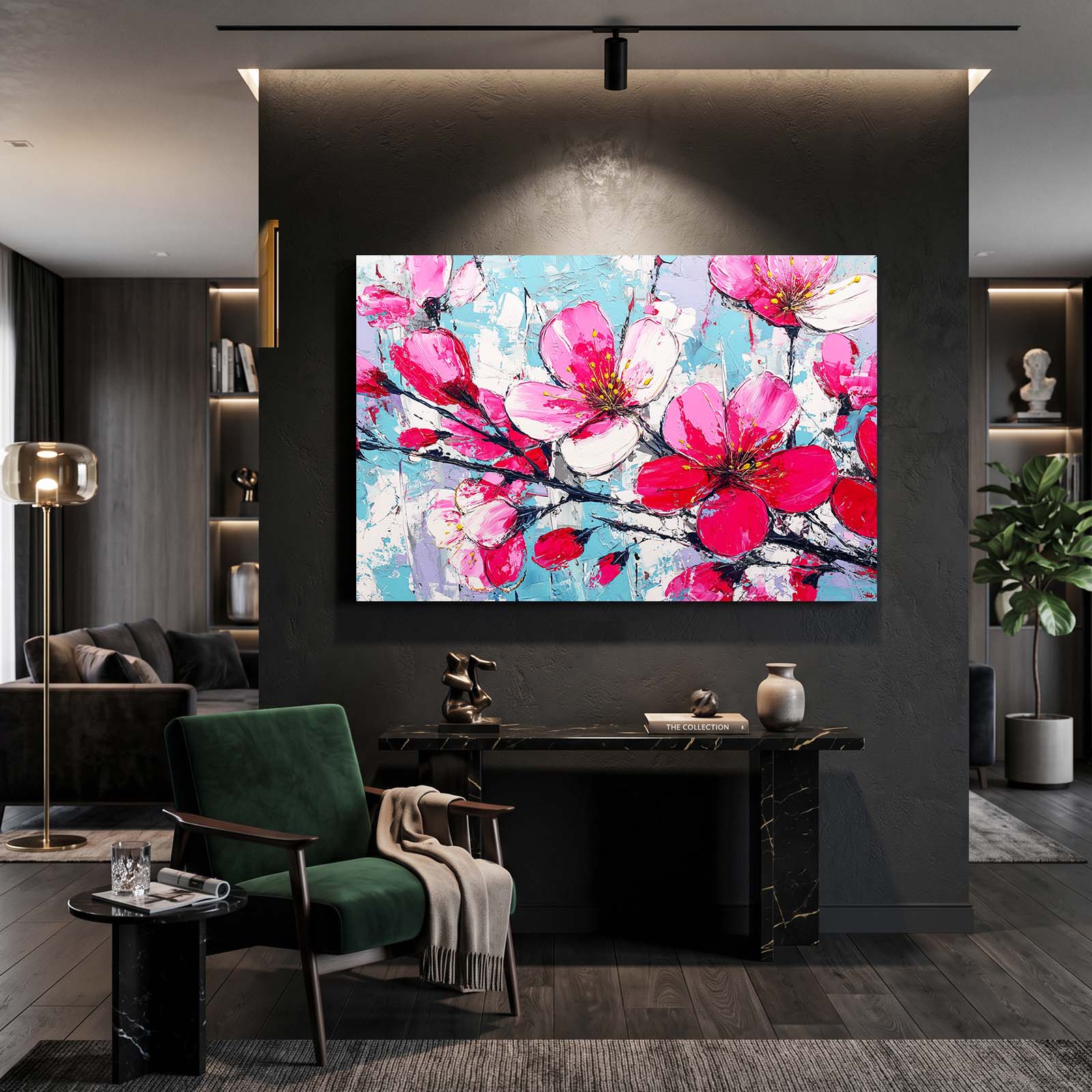 Impasto Pink Petals Cherry Blossom Art – styled in a furnished interior