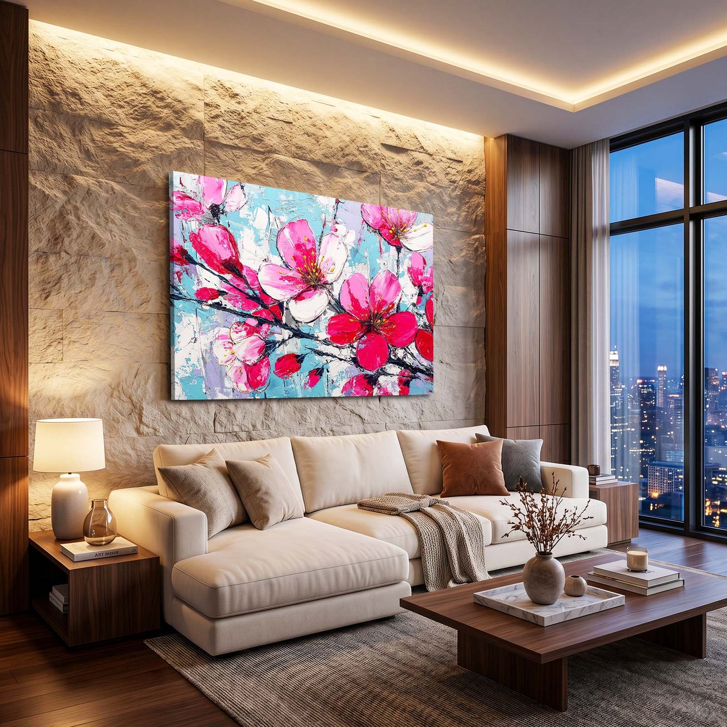 Impasto Pink Petals Cherry Blossom Art – styled in a furnished interior