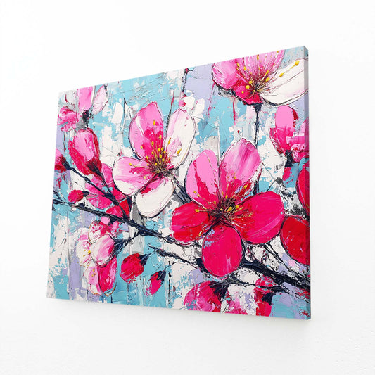 Impasto Pink Petals Cherry Blossom Art – angled canvas view on white background