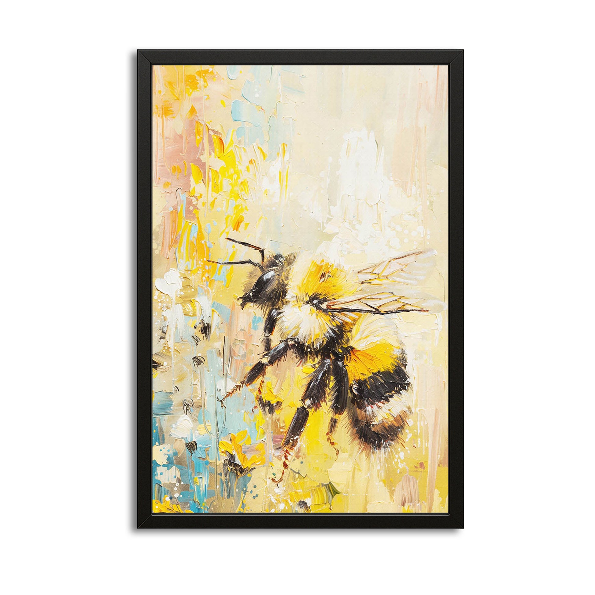 Impressionist Bee Art — contemporary canvas print in orange tones, with Premium Black frame on white background