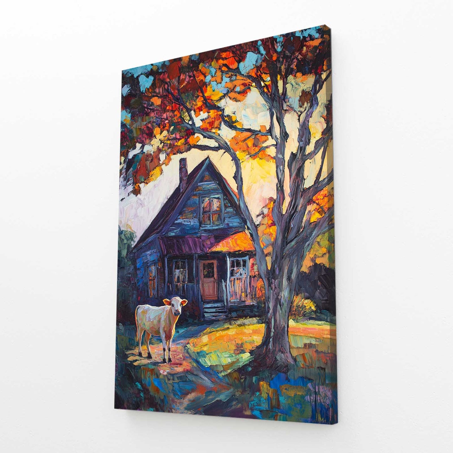 Impressionist Cow Wall Art – angled canvas view on white background