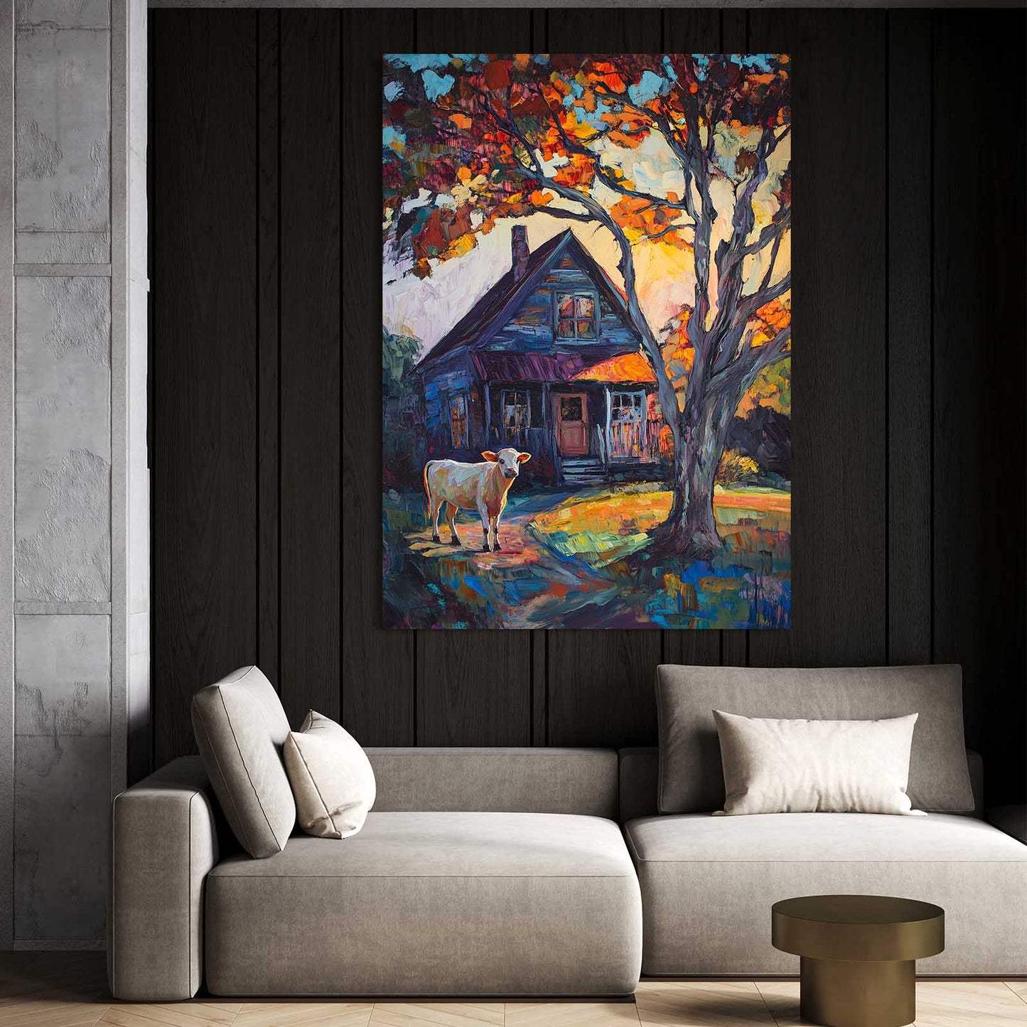 Impressionist Cow Wall Art – angled canvas view on white background