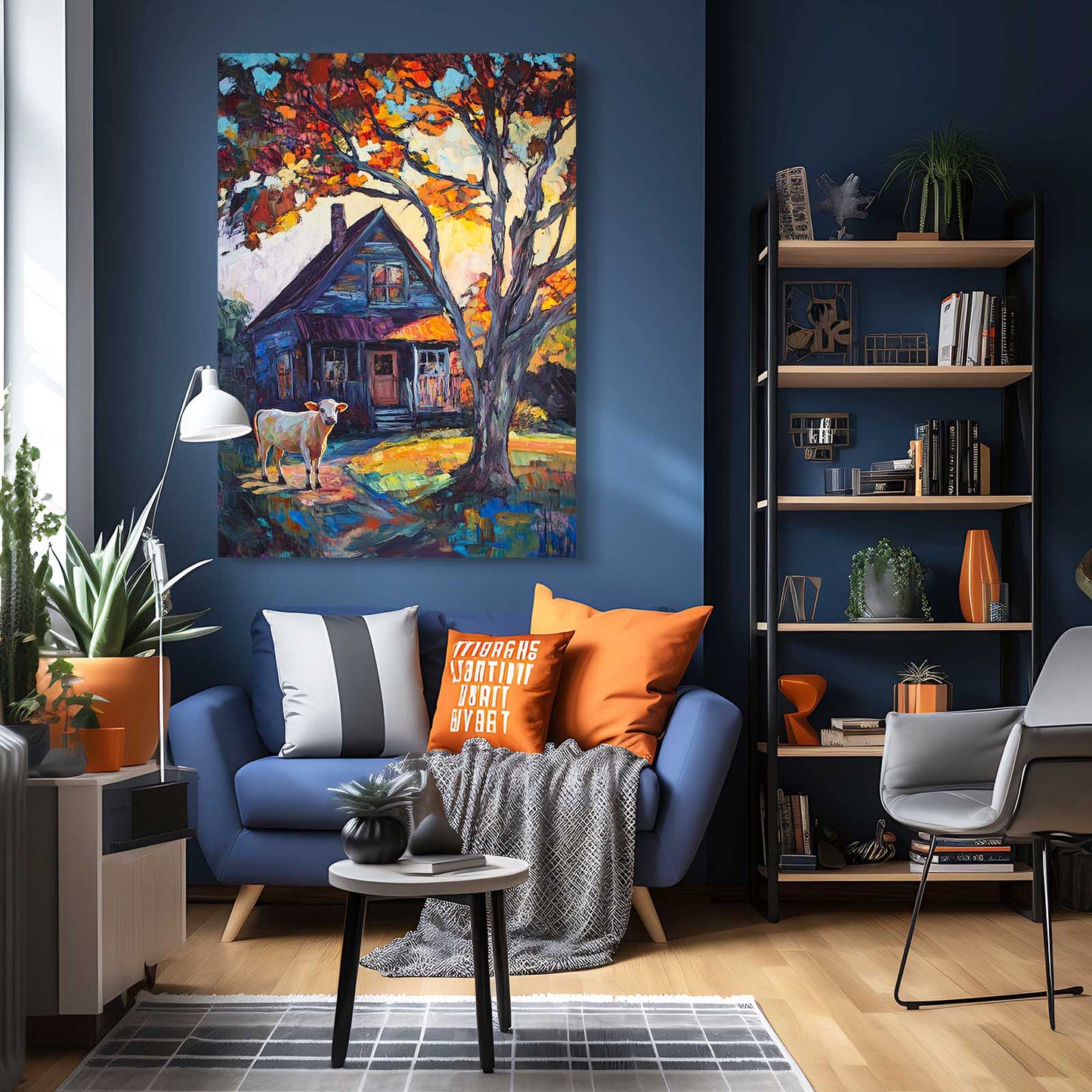 Impressionist Cow Wall Art – angled canvas view on white background