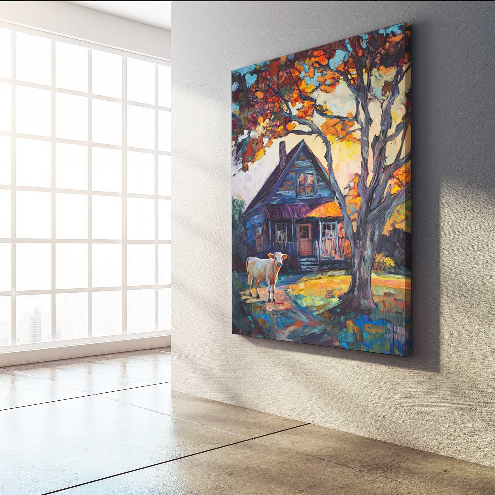 Impressionist Cow Wall Art – angled canvas view on white background