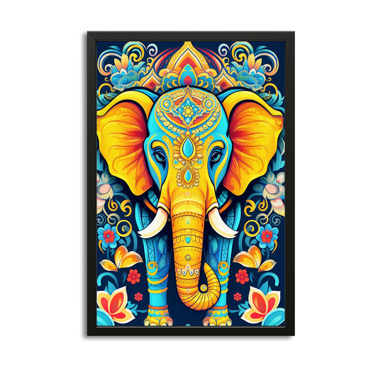 Indian Festival Elephant Art — indian art canvas print in blue tones, with Premium Black frame on white background