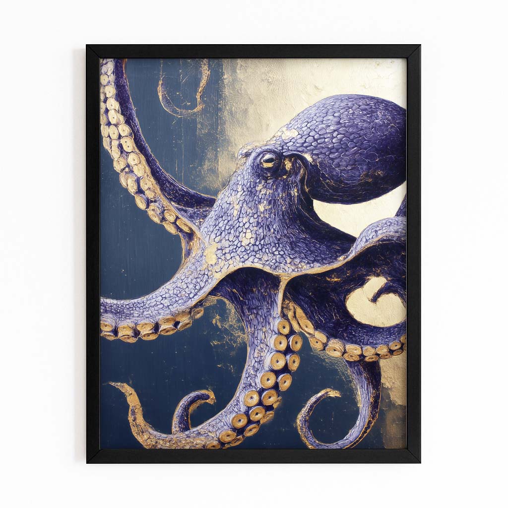 Indigo Gold Coil Octopus Wall Art – with Premium Black frame on white background