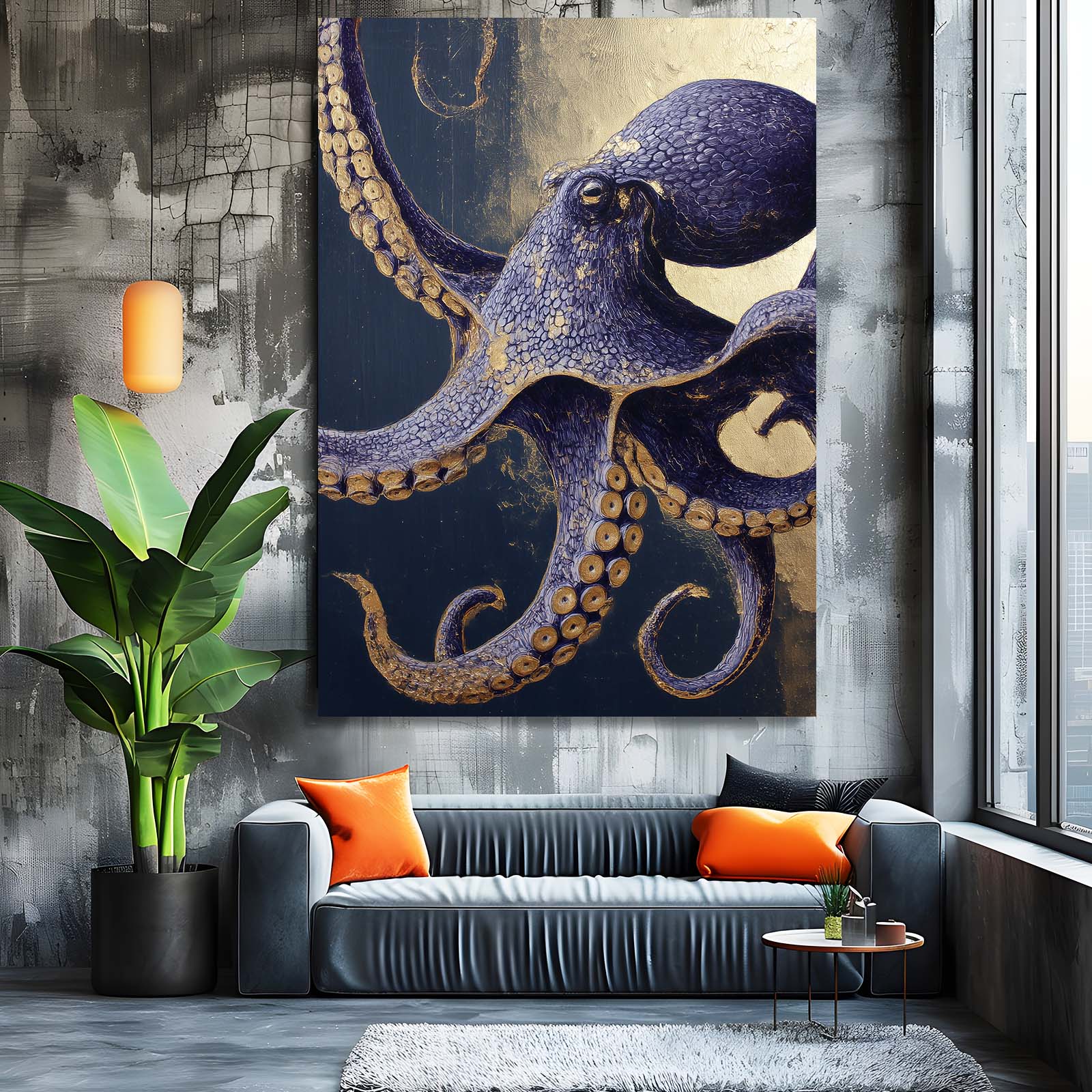 Indigo Gold Coil Octopus Wall Art – styled in a furnished interior