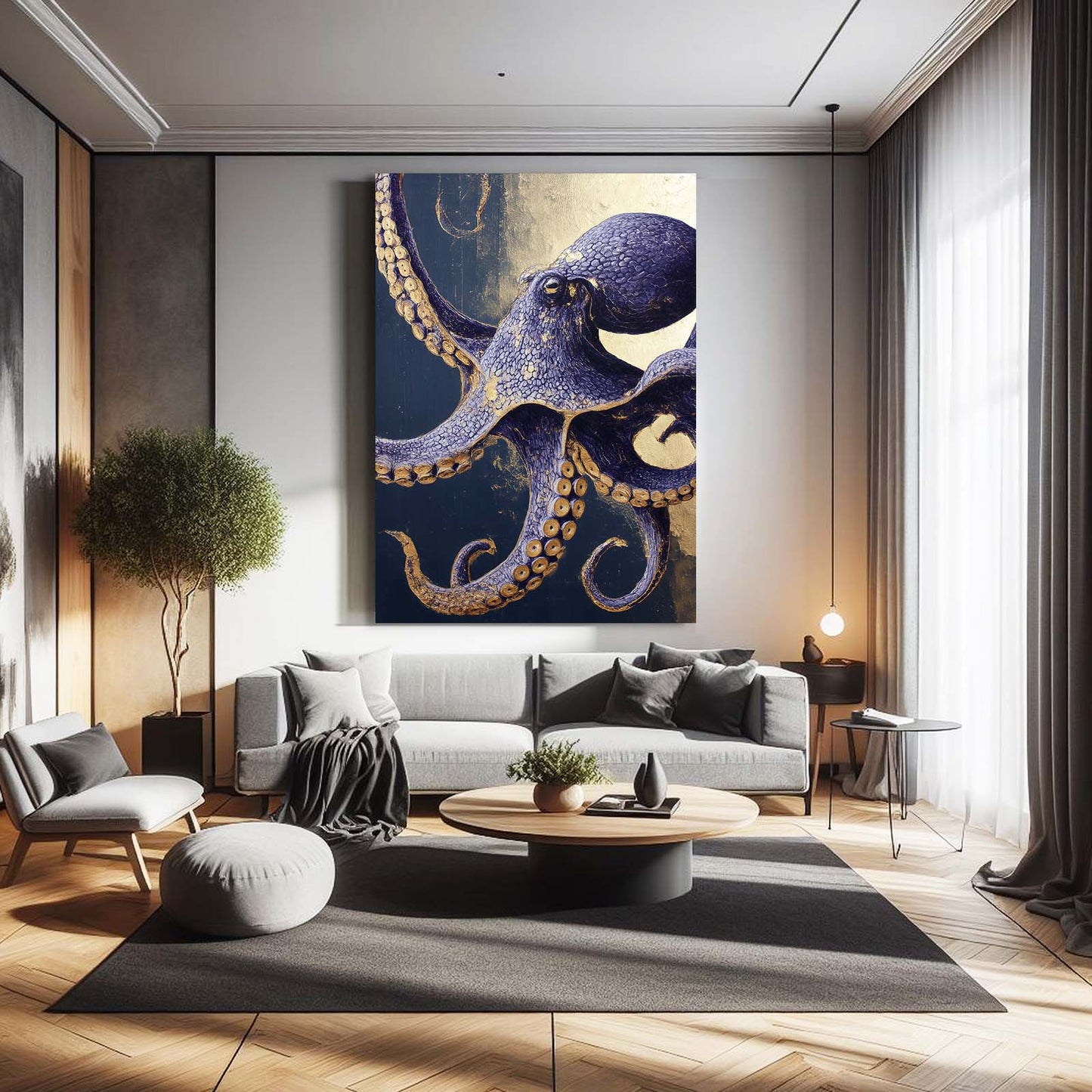 Indigo Gold Coil Octopus Wall Art – styled in a furnished interior