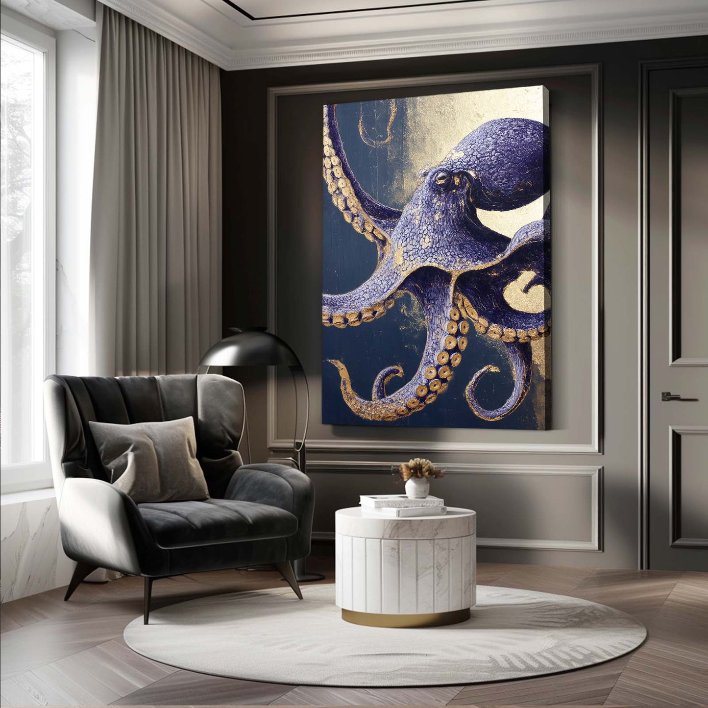 Indigo Gold Coil Octopus Wall Art – styled in a furnished interior