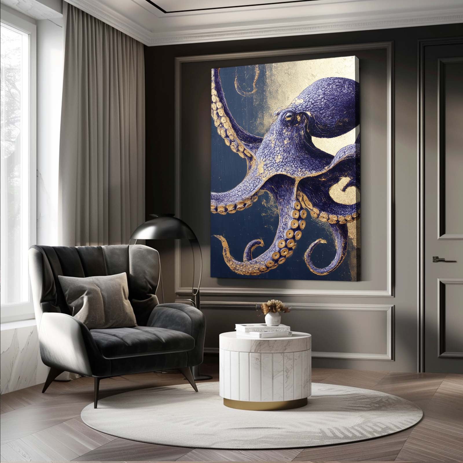 Indigo Gold Coil Octopus Wall Art – styled in a furnished interior