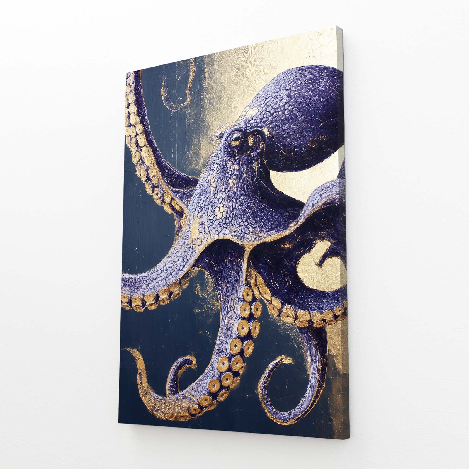 Indigo Gold Coil Octopus Wall Art – angled canvas view on white background