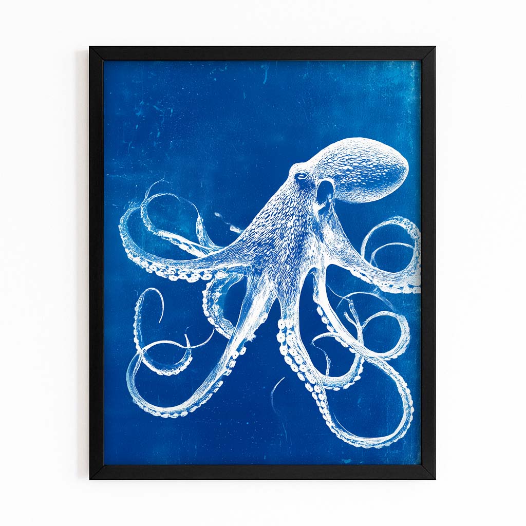 Indigo Line Study Octopus Wall Art – with Premium Black frame on white background
