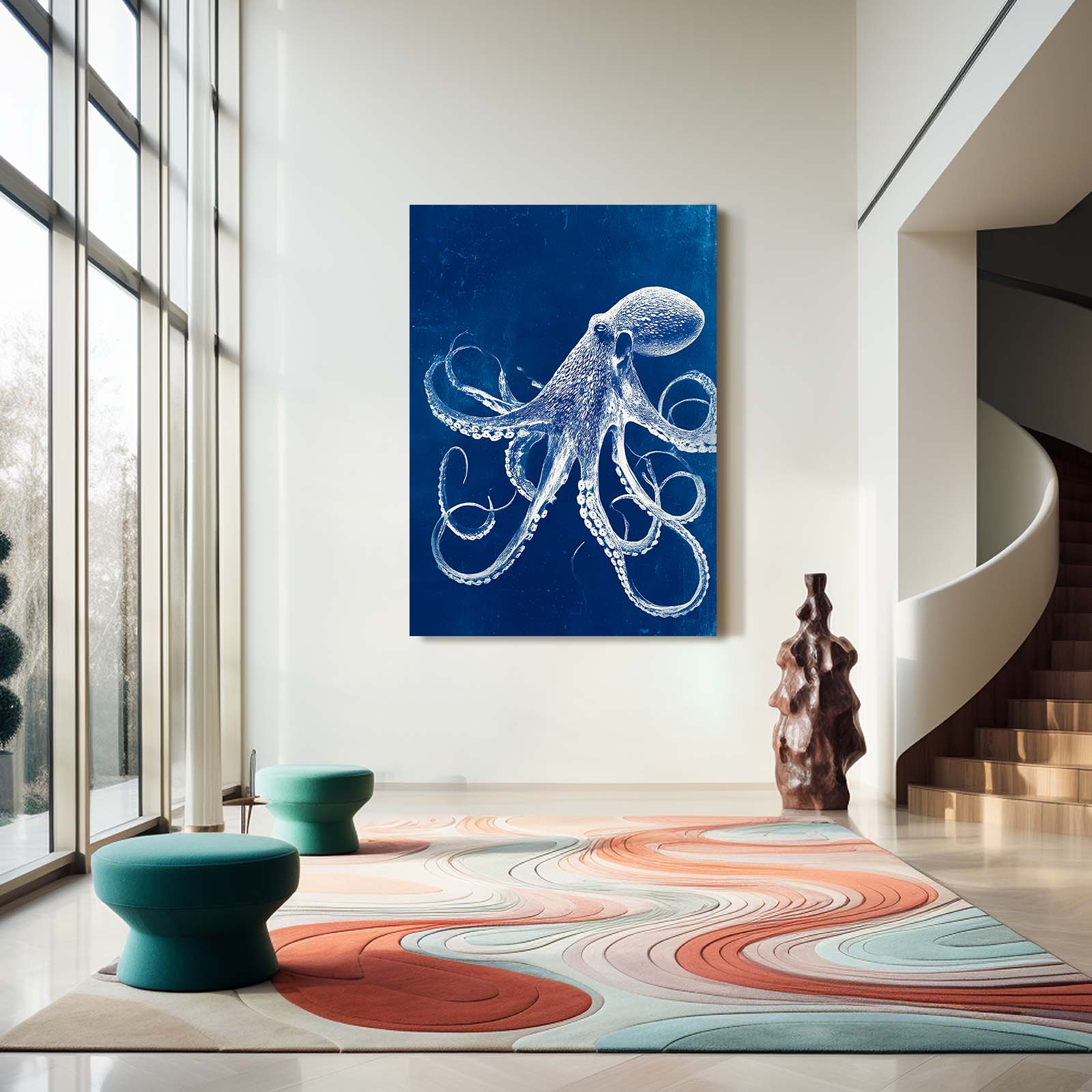 Indigo Line Study Octopus Wall Art – styled in a furnished interior