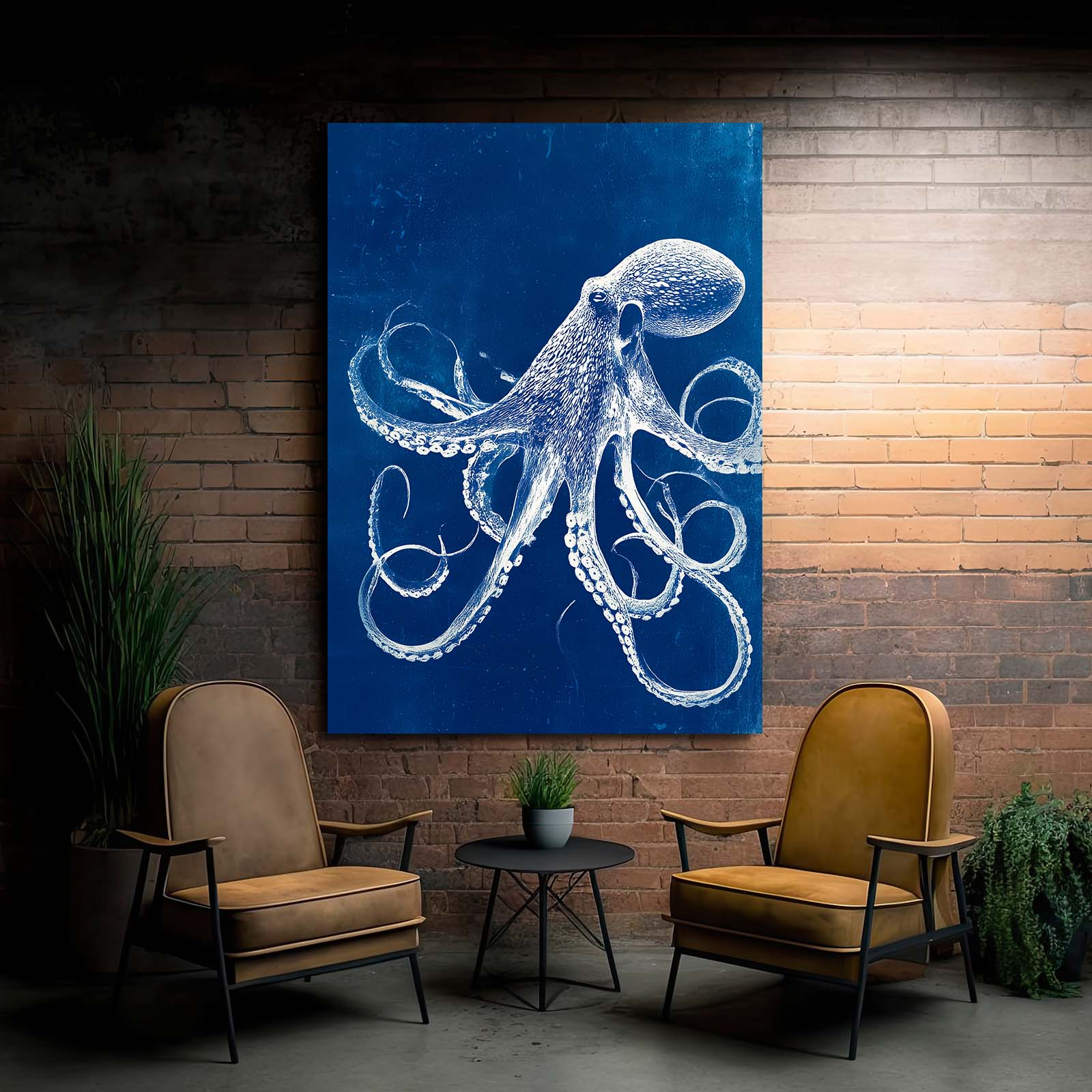 Indigo Line Study Octopus Wall Art – styled in a furnished interior