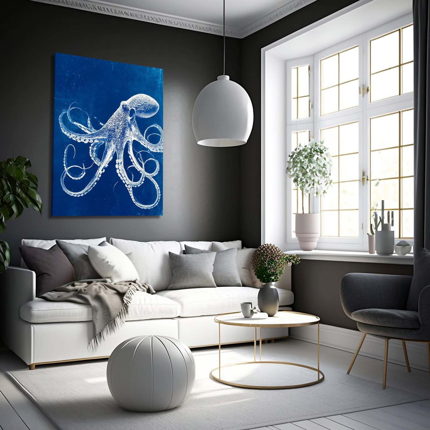 Indigo Line Study Octopus Wall Art – styled in a furnished interior