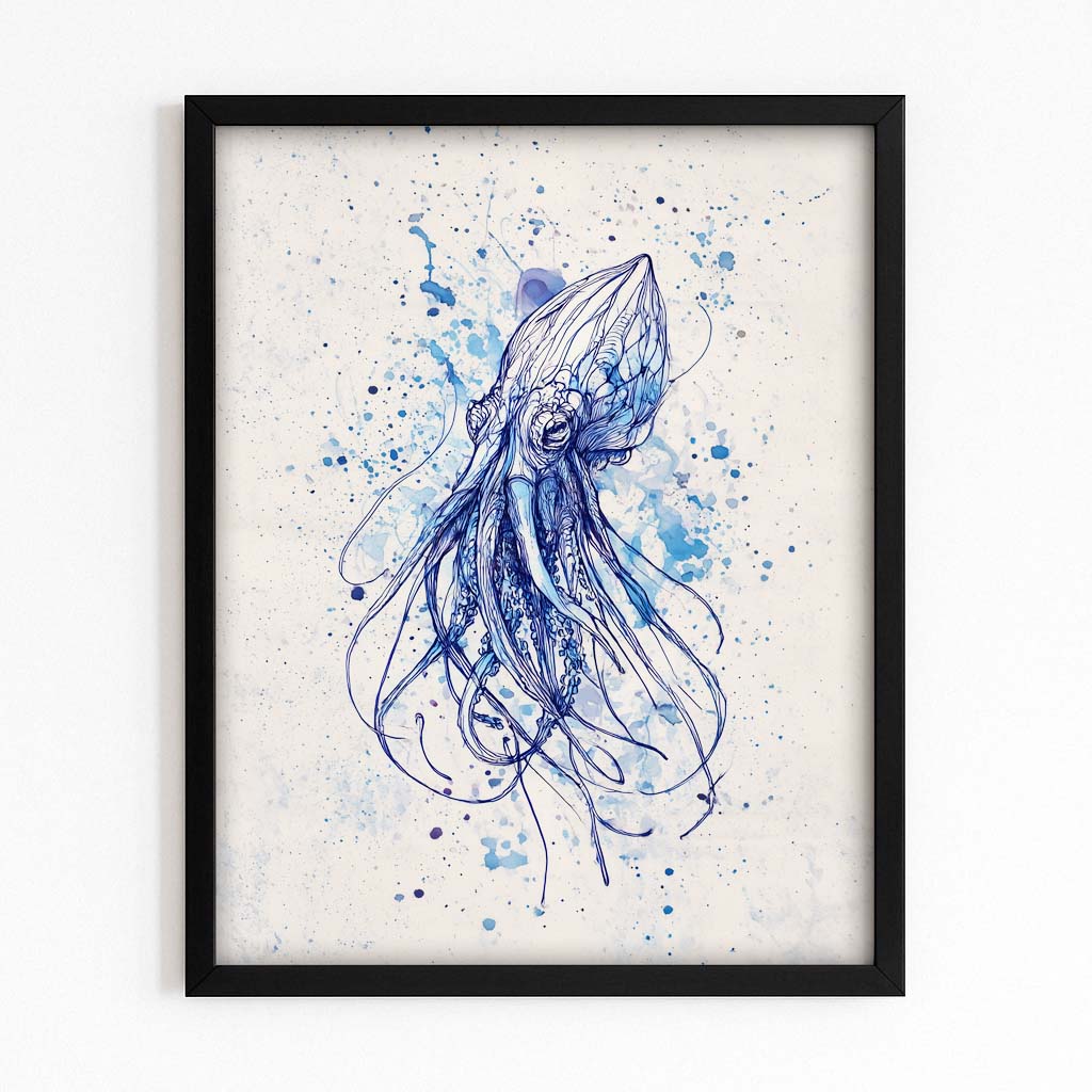 Indigo Splatter Sketch Octopus Prints – with Premium Black frame on white background