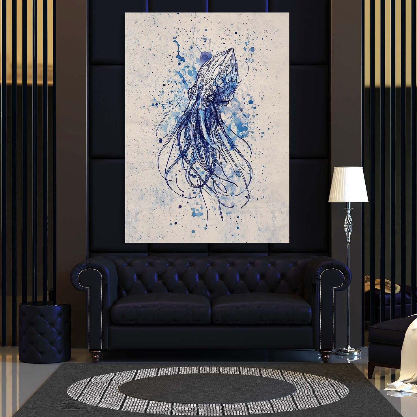 Indigo Splatter Sketch Octopus Prints – styled in a furnished interior