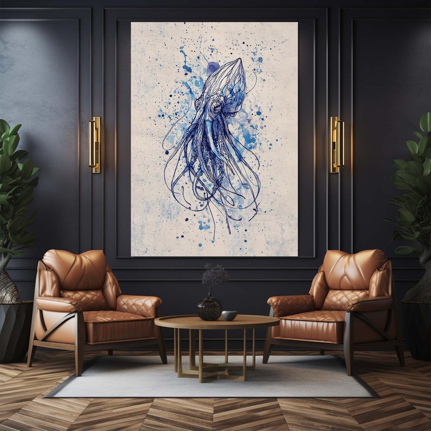 Indigo Splatter Sketch Octopus Prints – styled in a furnished interior