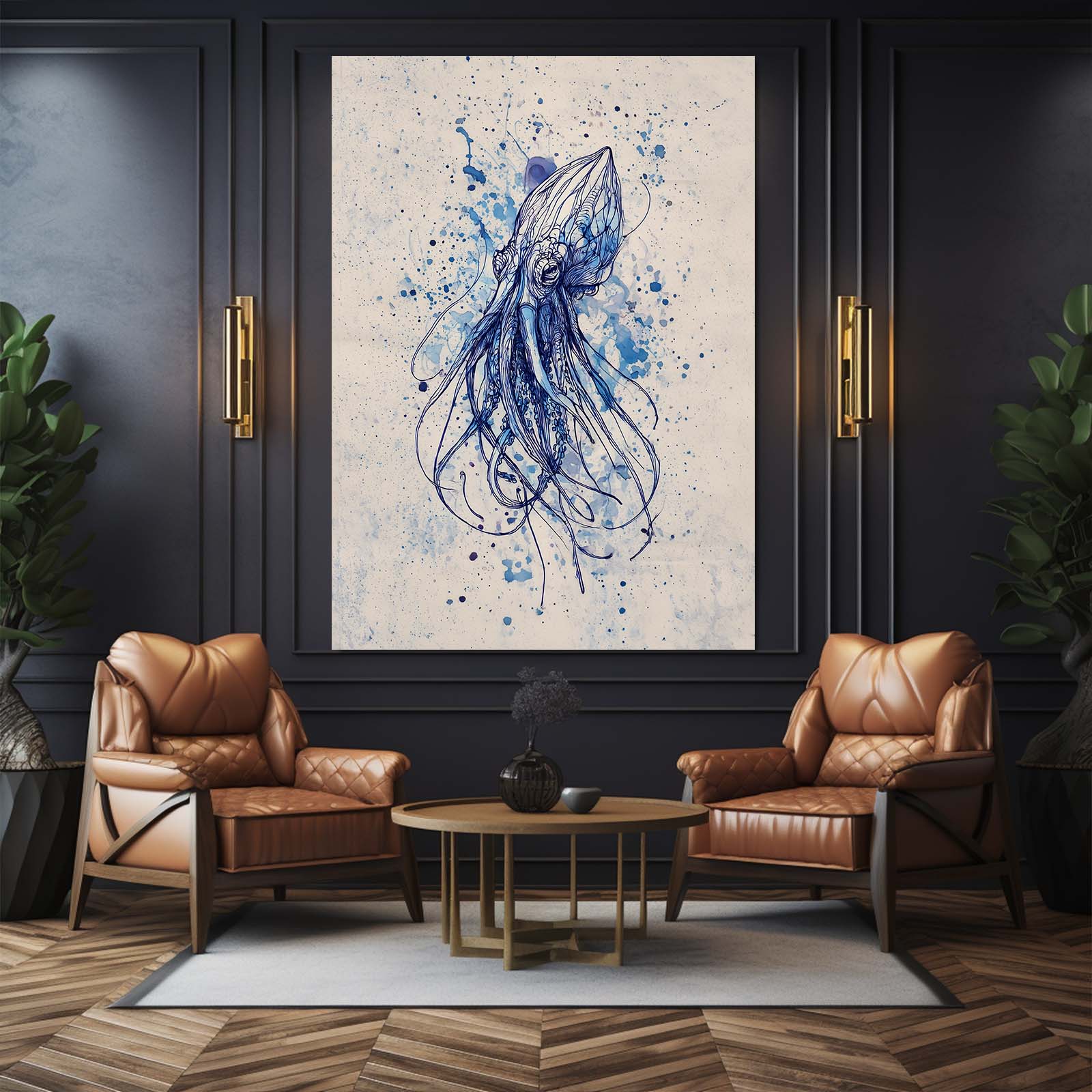 Indigo Splatter Sketch Octopus Prints – styled in a furnished interior