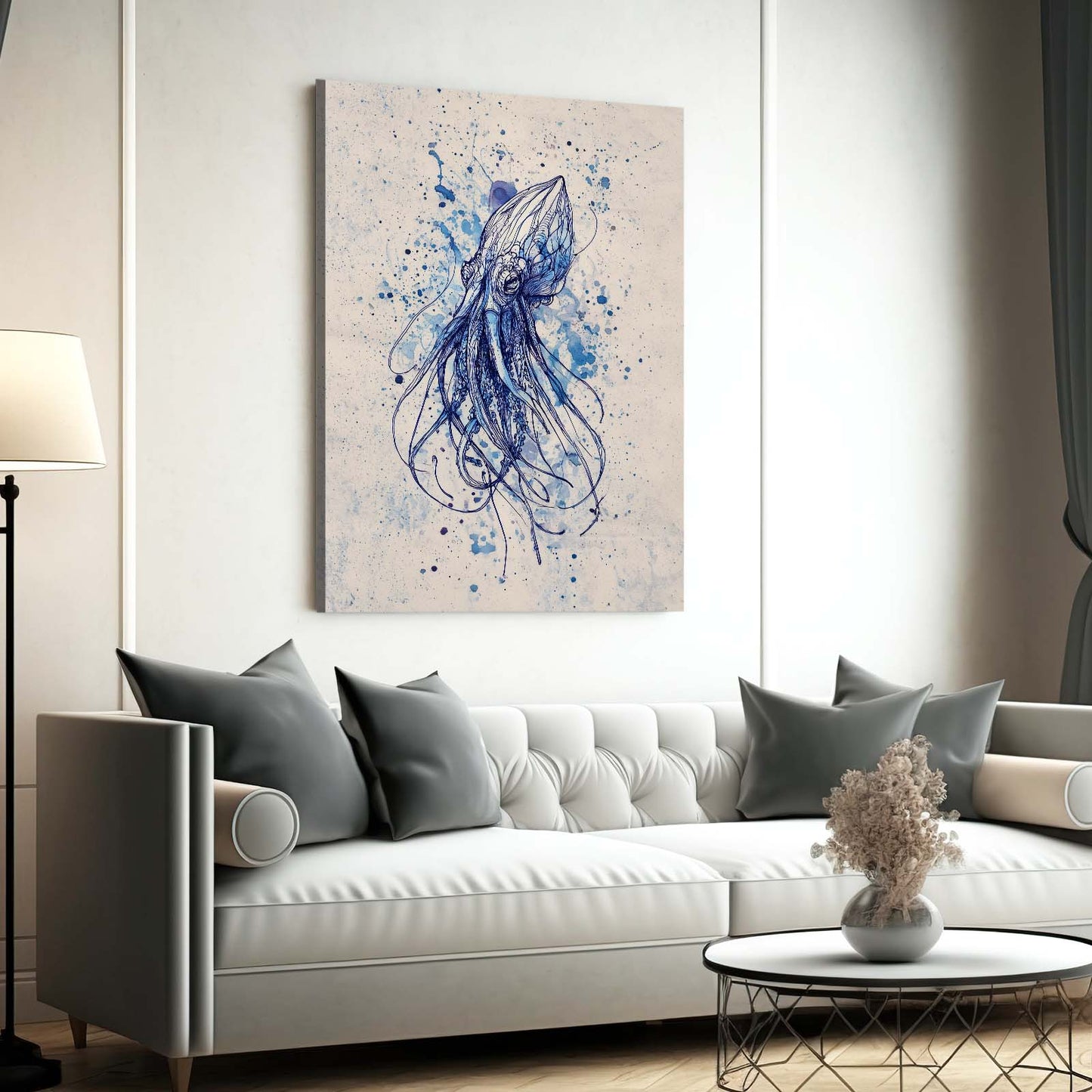 Indigo Splatter Sketch Octopus Prints – styled in a furnished interior