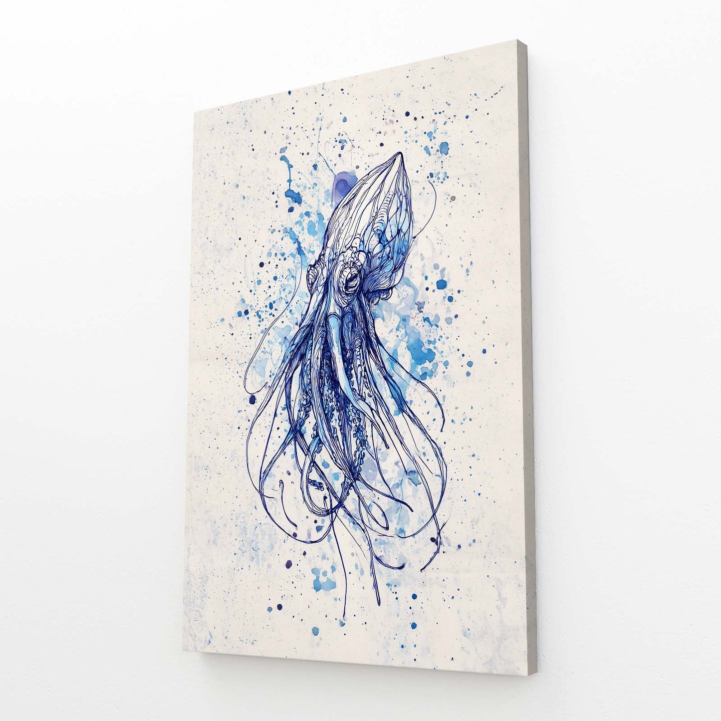 Indigo Splatter Sketch Octopus Prints – angled canvas view on white background