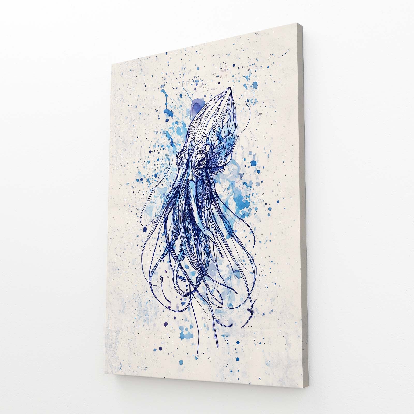 Indigo Splatter Sketch Octopus Prints – angled canvas view on white background