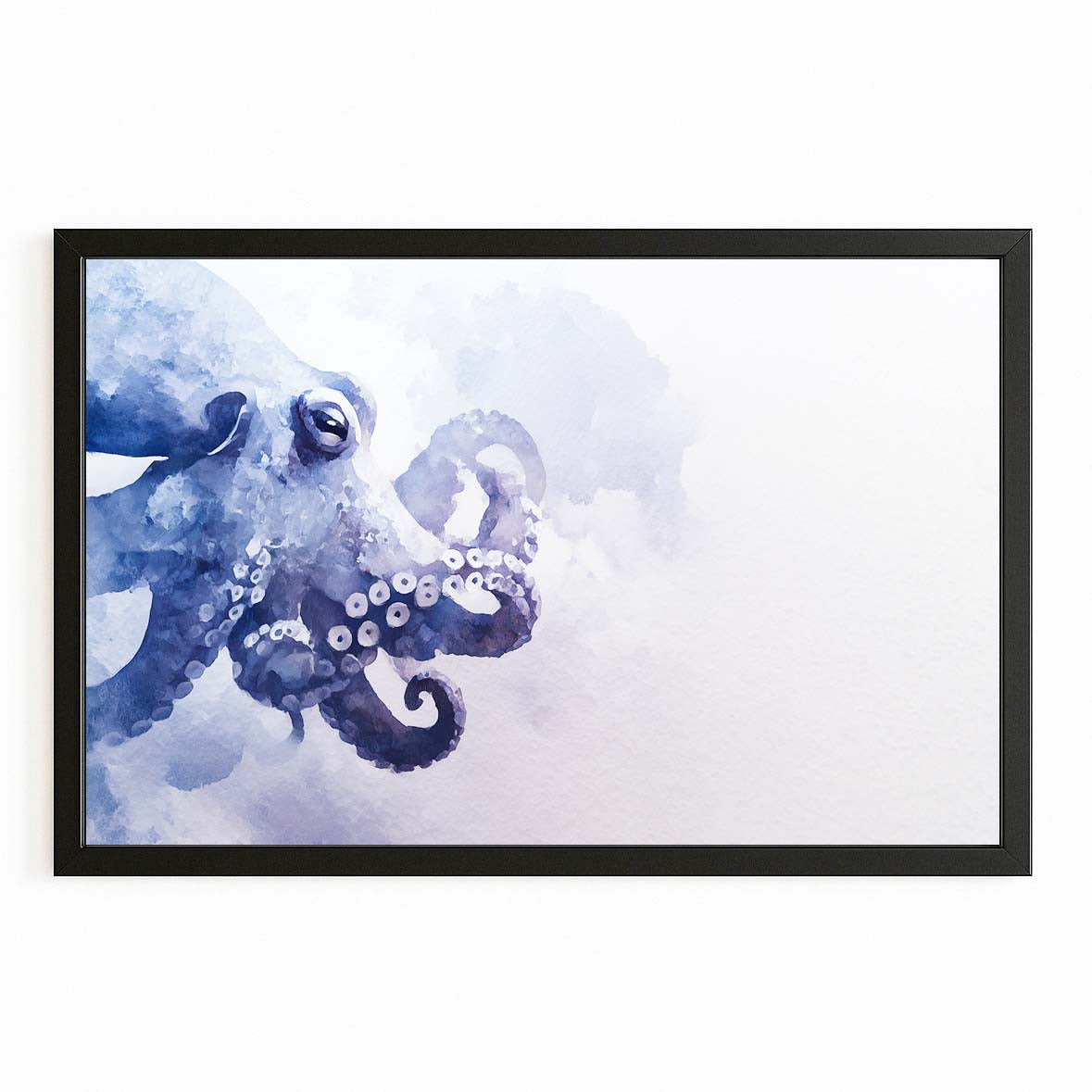 Indigo Watercolor Drift Octopus Art – with Premium Black frame on white background