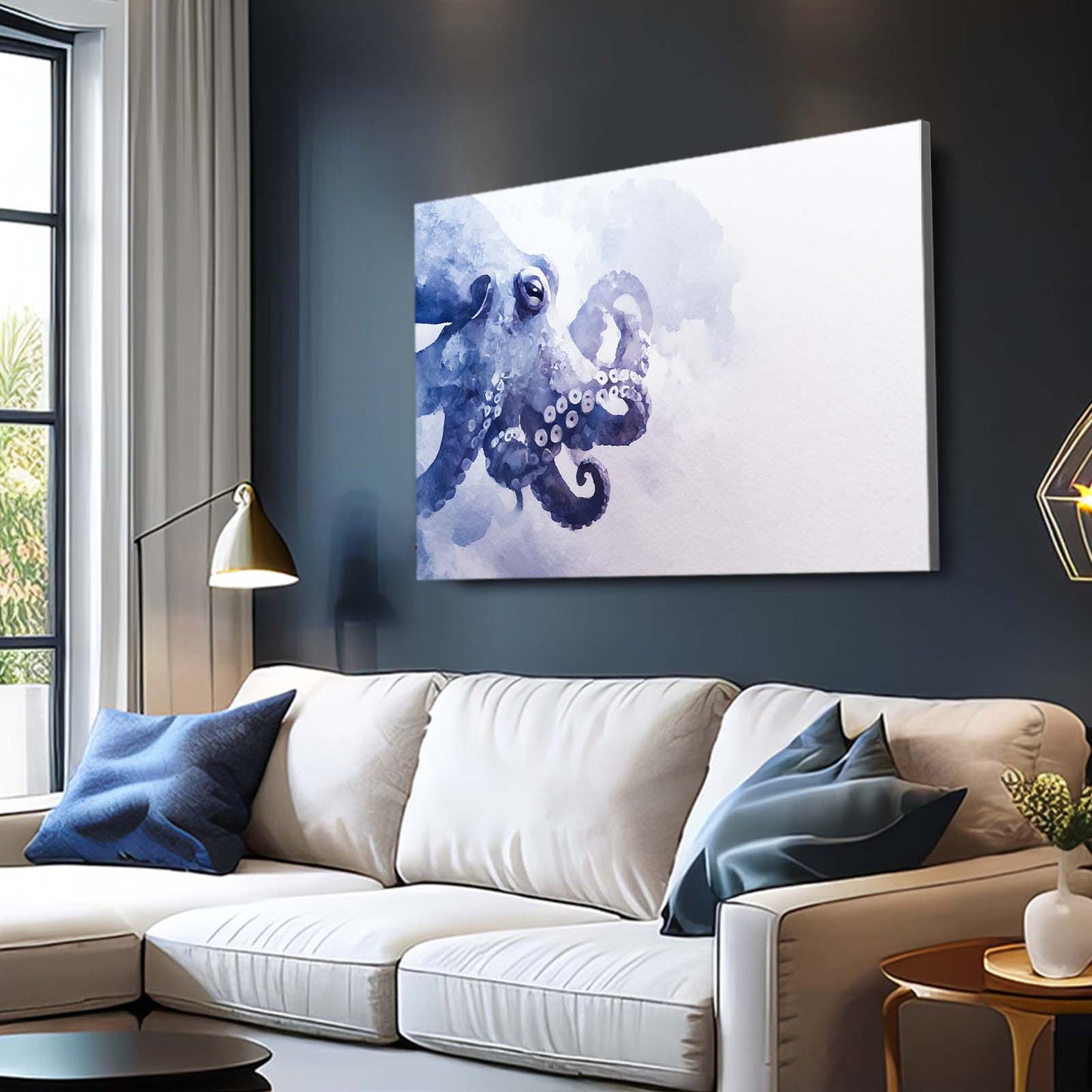 Indigo Watercolor Drift Octopus Art – styled in a furnished interior