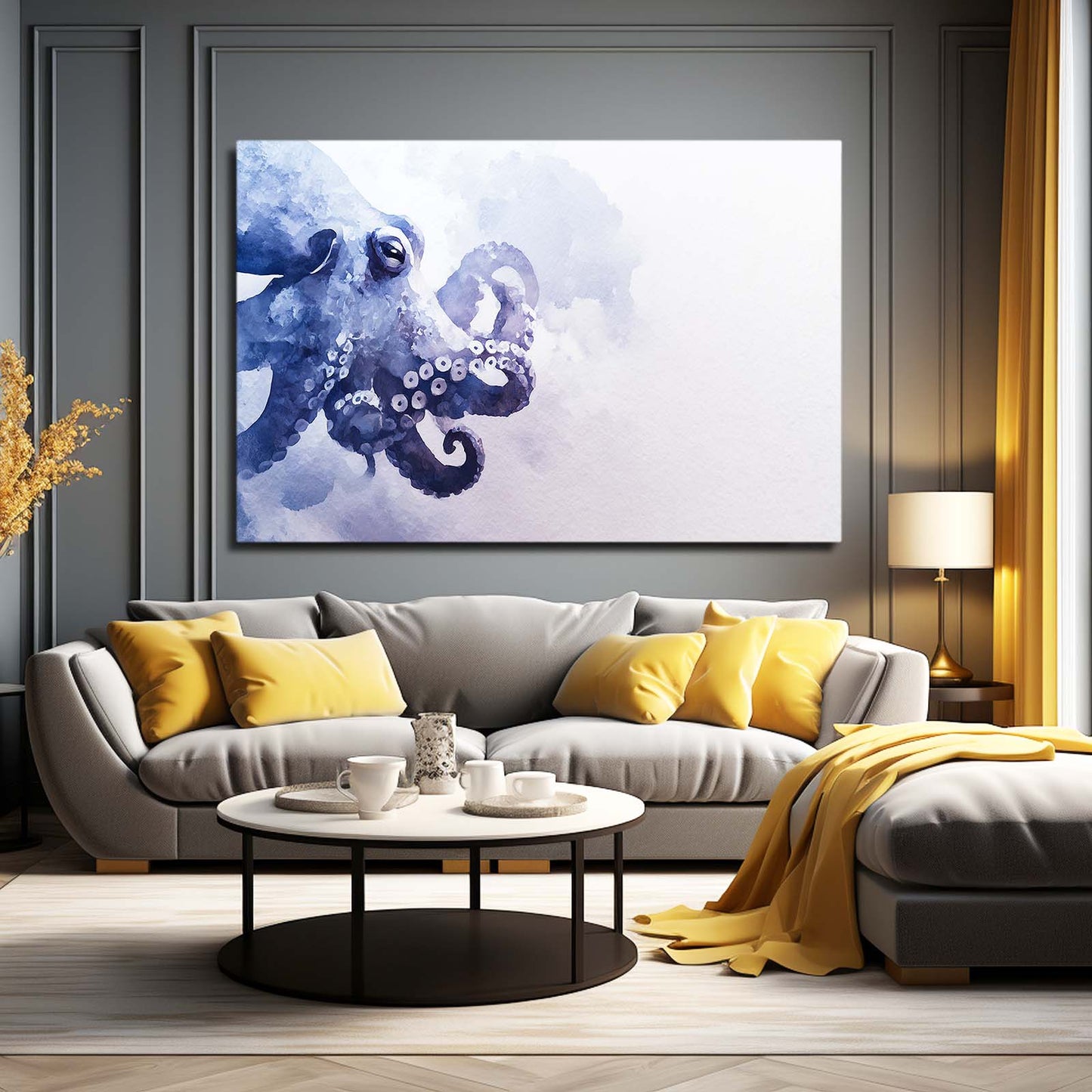 Indigo Watercolor Drift Octopus Art – styled in a furnished interior