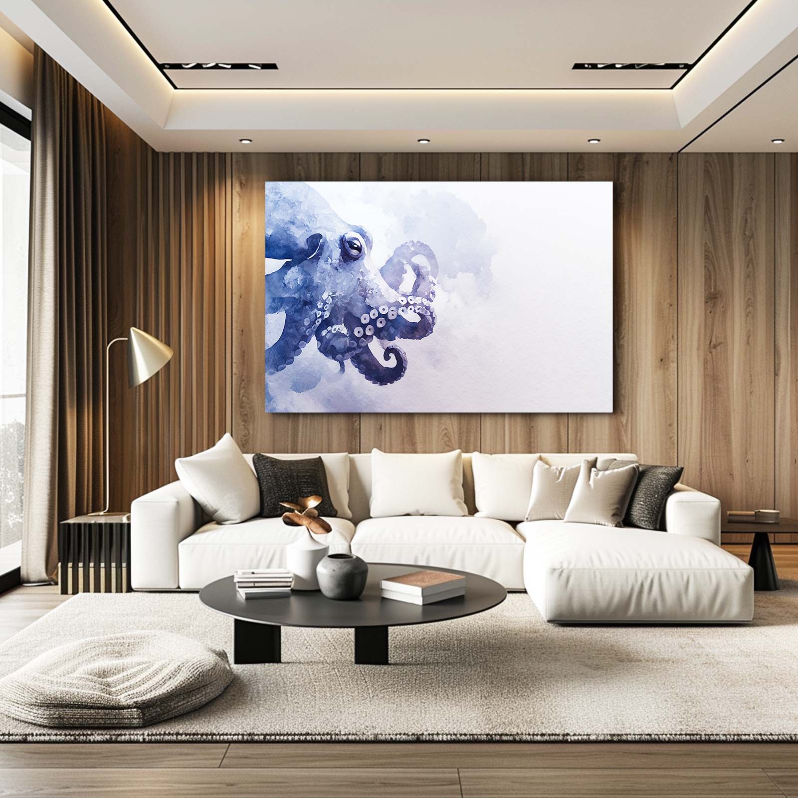 Indigo Watercolor Drift Octopus Art – styled in a furnished interior