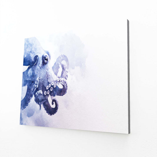 Indigo Watercolor Drift Octopus Art – angled canvas view on white background