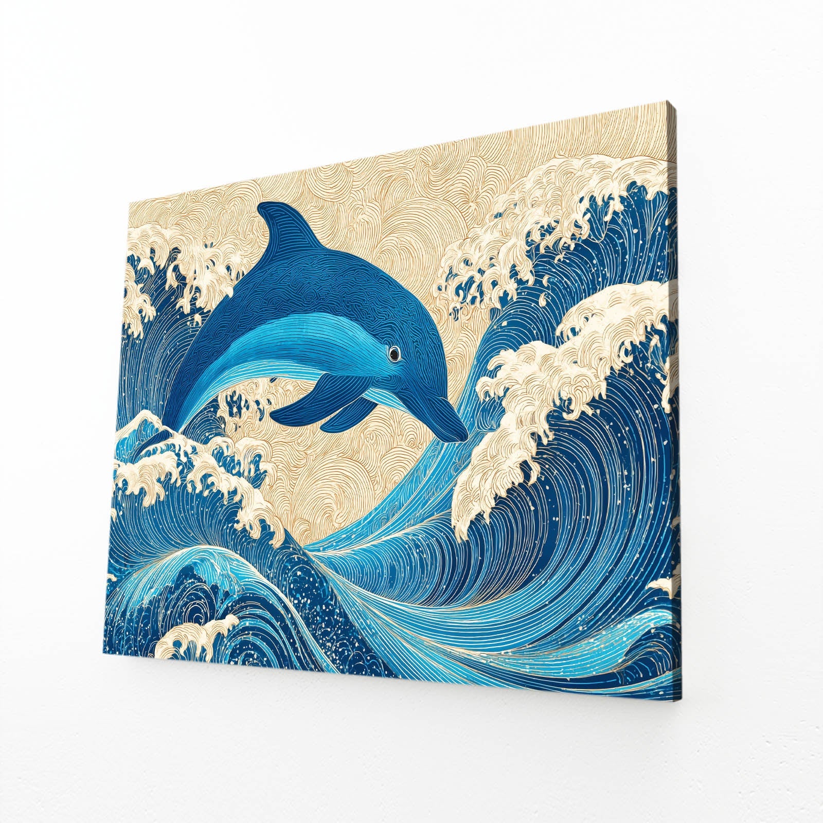 Indigo Wave Dolphin Art – angled canvas view on white background
