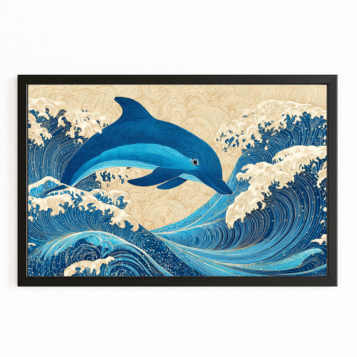 Indigo Wave Dolphin Art – with Premium Black wood frame on white background