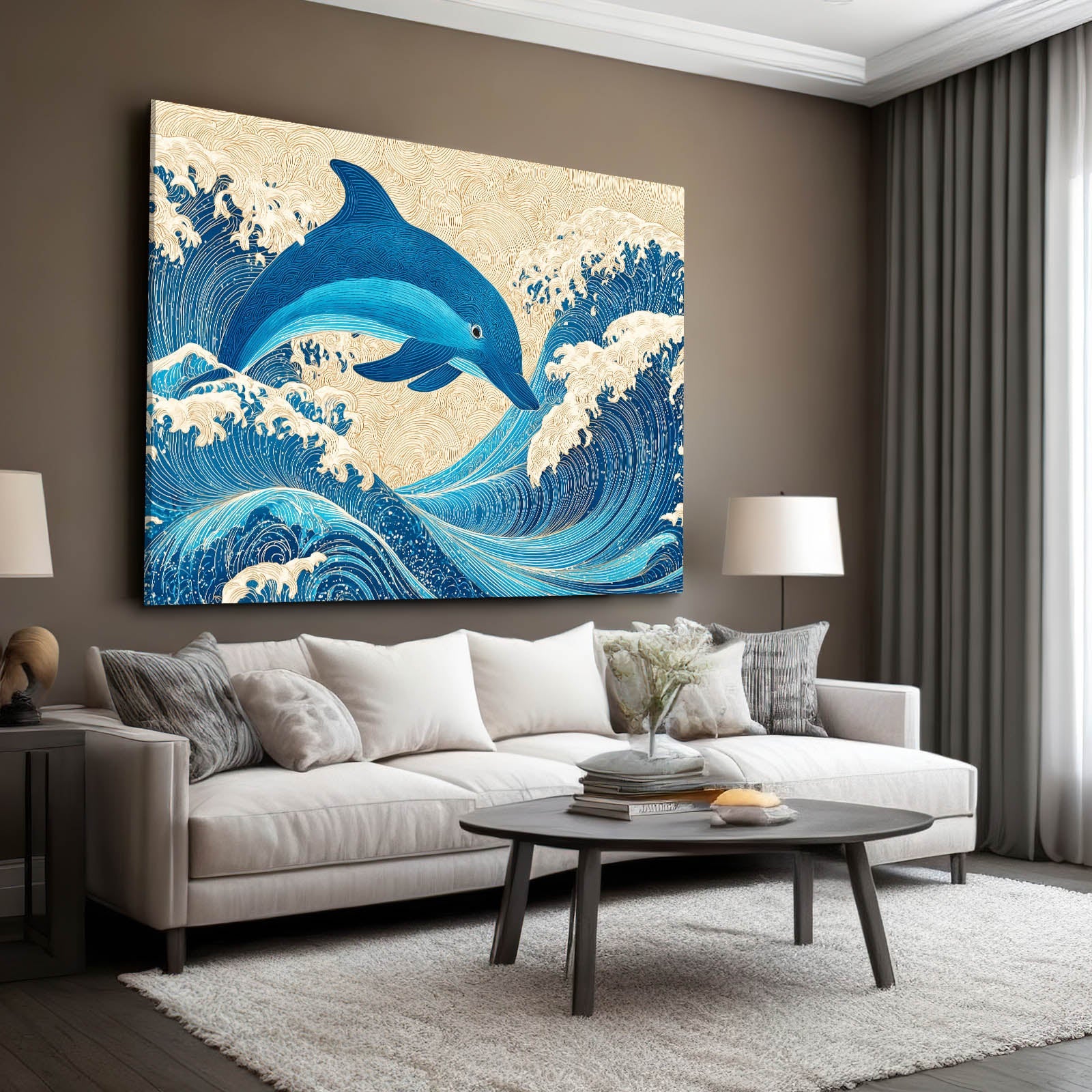 Indigo Wave Dolphin Art – styled in a furnished interior
