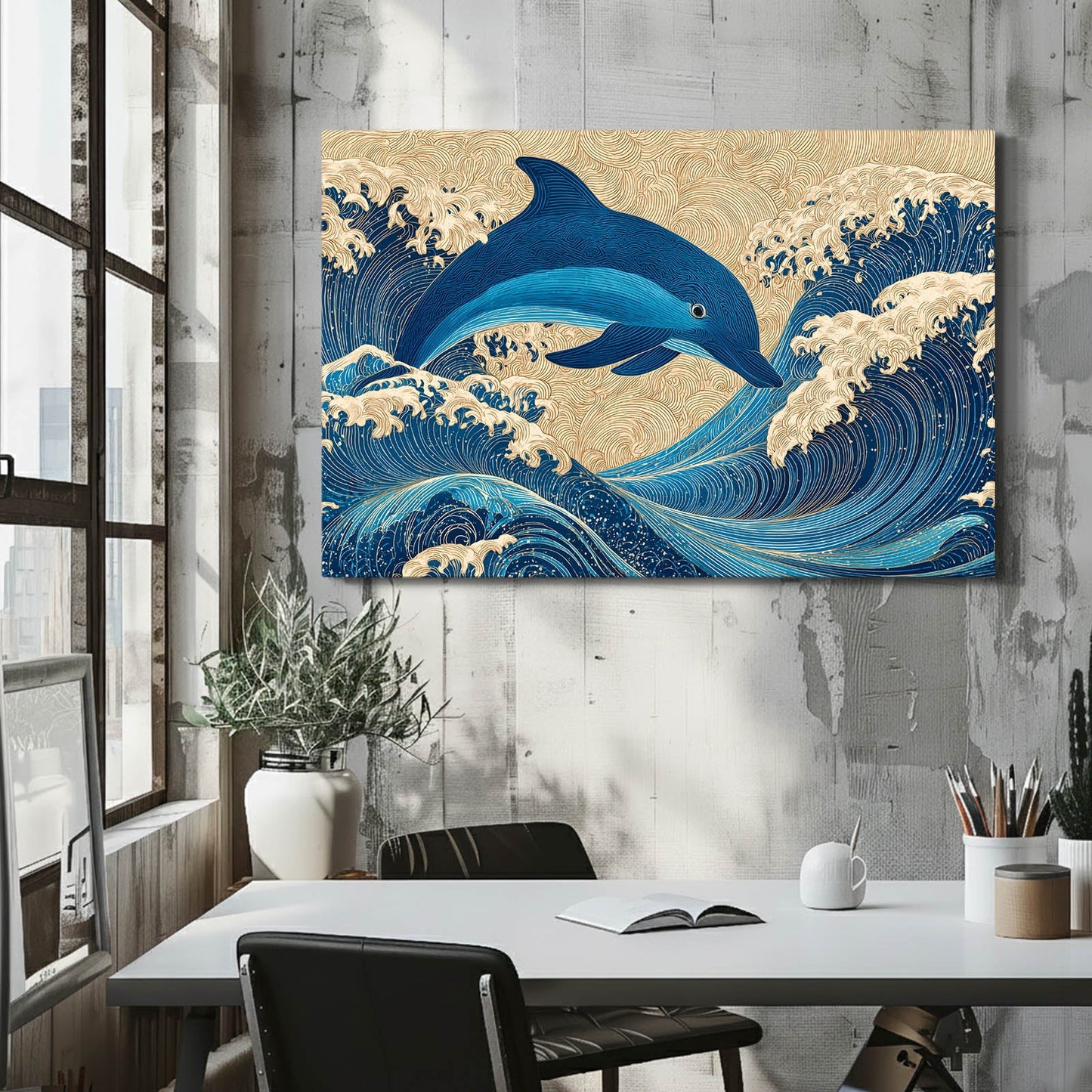 Indigo Wave Dolphin Art – styled in a furnished interior
