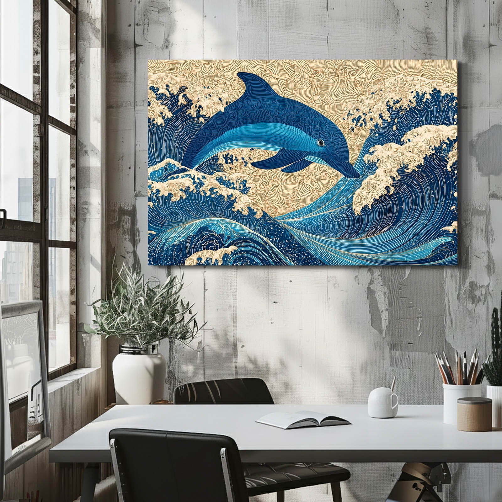Indigo Wave Dolphin Art – styled in a furnished interior